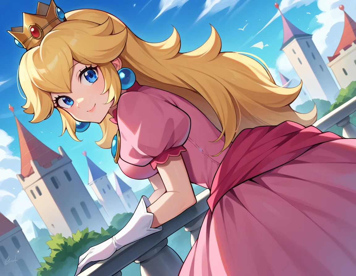 score_9, score_8_up, score_7_up, source_anime,
princesspeach, princess peach, blonde hair, blue eyes, long hair, smile,
crown, dress, gem, gloves, pink dress, puffy short sleeves, puffy sleeves, short sleeves, white gloves,
outdoors, cityscape, bent over,
looking at viewer, dutch angle, cowboy shot