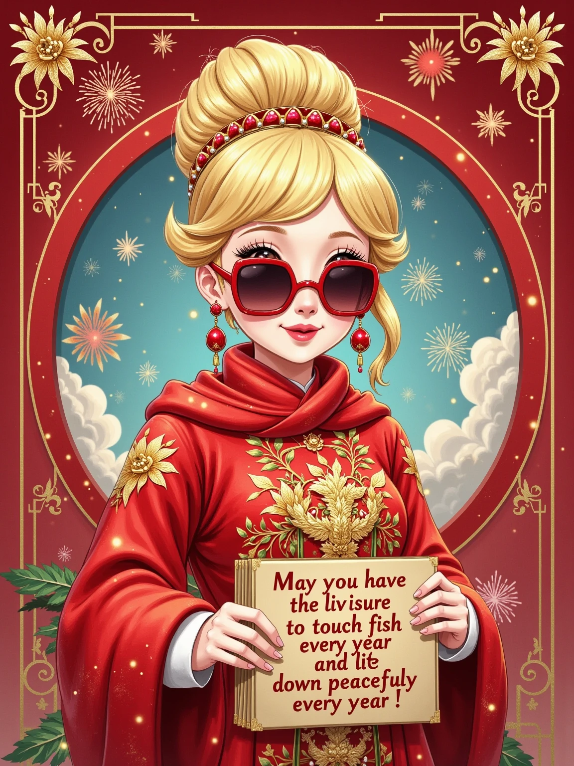 A Disney princess, Cinderella, has platinum - blonde hair styled in an updo. She is wearing New Year's clothing in red tones, a scarf, red pearl earrings, and sunglasses. She holds a sign that reads: "May you have the leisure to touch fish every year and lie down peacefully every year". The style is cool, bold - lined, American, in a retro - comic style, with a frosted texture painting, gold - foil rock - color painting, rock - color painting, a sense of brushstrokes and texture, minimalist. In small letters: Happy 2025