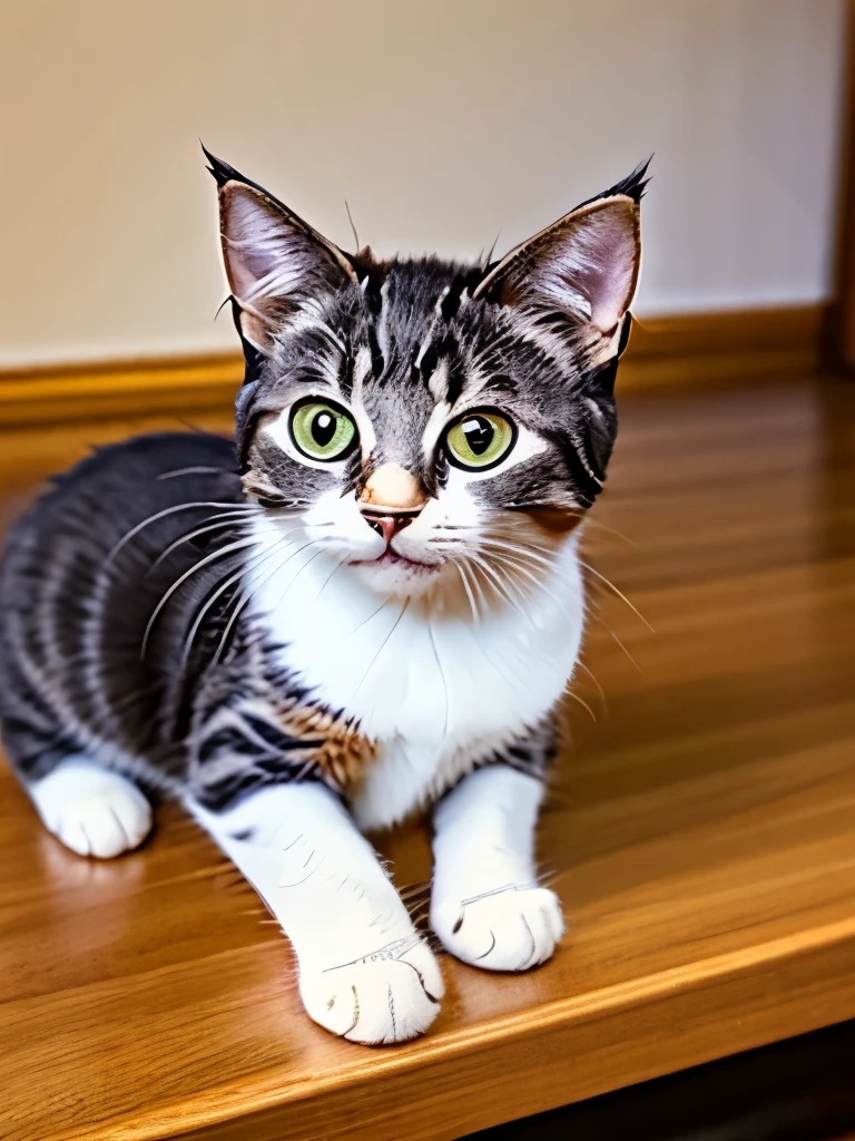 there is a cat that is laying down on a table, a cute cat, cute cat, awesome cat, cute cat photo, beautiful cat, an adorable kitten, sora as a cat, photo of a cat, beautiful cat feet, cat photo, the cutest kitten ever, smileeeeeee, a handsome, playful smirk, staring at the camera, cute kitten