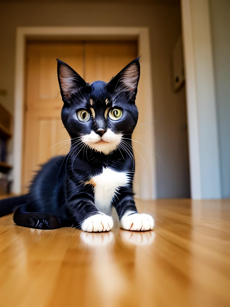 there is a cat that is laying down on a table, a cute cat, cute cat, awesome cat, cute cat photo, beautiful cat, an adorable kitten, sora as a cat, photo of a cat, beautiful cat feet, cat photo, the cutest kitten ever, smileeeeeee, a handsome, playful smirk, staring at the camera, cute kitten