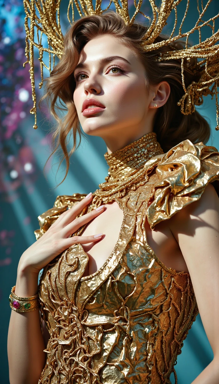(1girl:1.3), arabs, very long straight black hair, (thick eyebrows:0.8), huge breasts, (warm skin undertone), black eyes, wide eyes, middle parted hair, v-shaped eyebrows, (v-shaped eyes, tsurime), BREAK, (super intricate details fractal glass art:1.3), glassware, 3d digital art, (realistic:1.3), (glass fragment:1.3), deconstructive, installation art, geometric art, sharp focus, ((Fresh background, soft light effect: 1.2)), Commercial photograph, elegant color profile, (gold amber:1.3),
