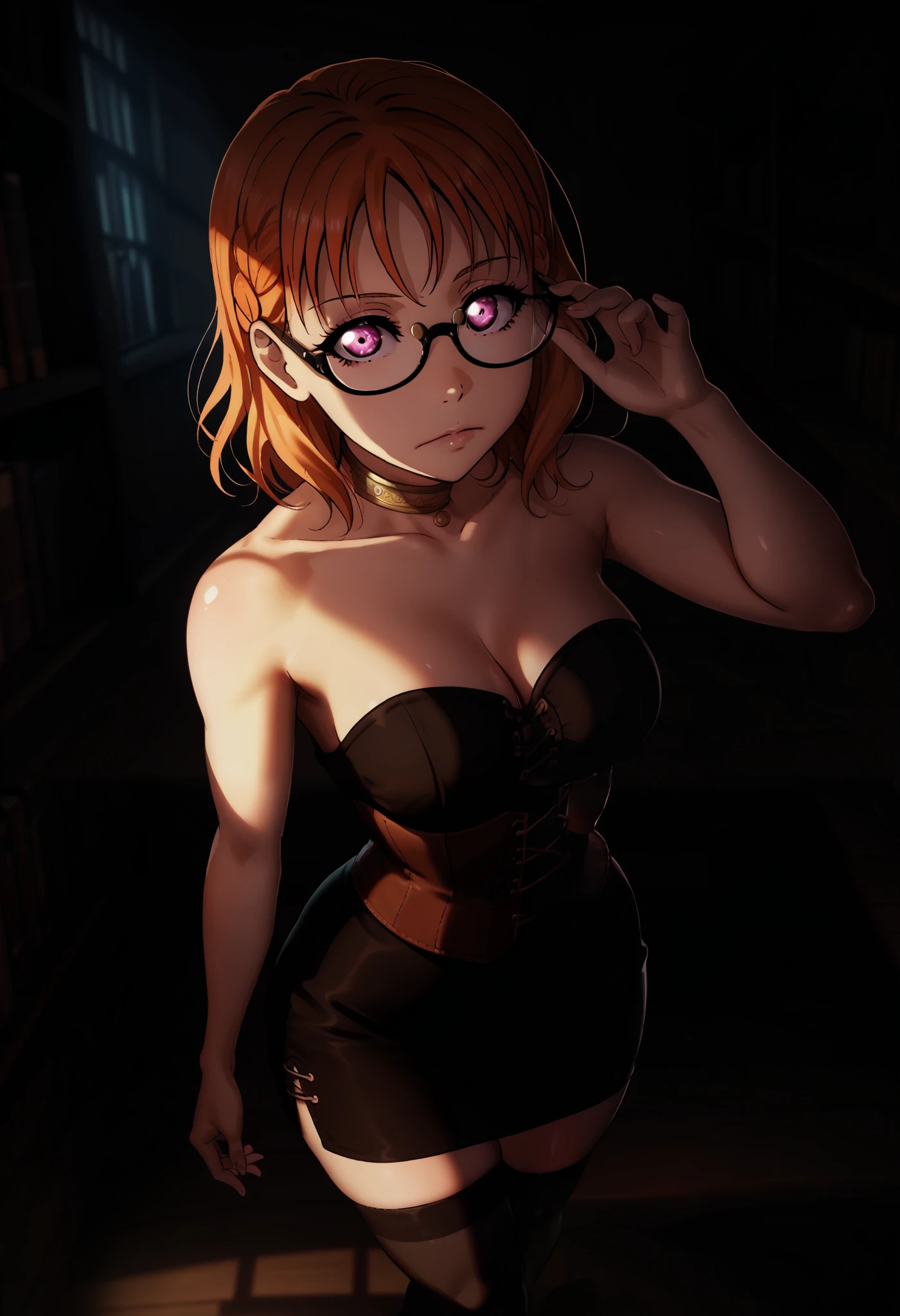 dynamic lighting , love live art style, takami chika , orange hair, medium hair, pink eyes, side braid, circle glasses, corset, pencil skirt,collarbone,neck ring, thighhighs, in black dark library , night , looking at viewer, strapless , adjusting glasses , shiny skin,thin waist,curvy hips,solo,dramatic chiaroscuro lighting,dark, from above,shiny skin,RUKIA Style, walking