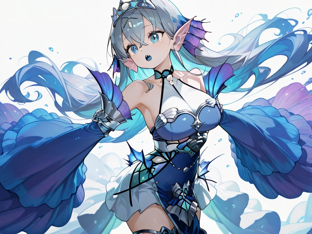 { top quality , masterpiece, high res, anatomically correct , Detailed Fingers , detailed hands ,Detailed legs, detail eyes:1.5}, {tearlaments kitkallos,blue dress,silver tiara,blue detached sleeves,sleeves past wrists,mermaid,sleeves past wrists,blue mouth}, simple white background,  dynamic pose,  cowboy shot,  from your hand and direct your gaze, 