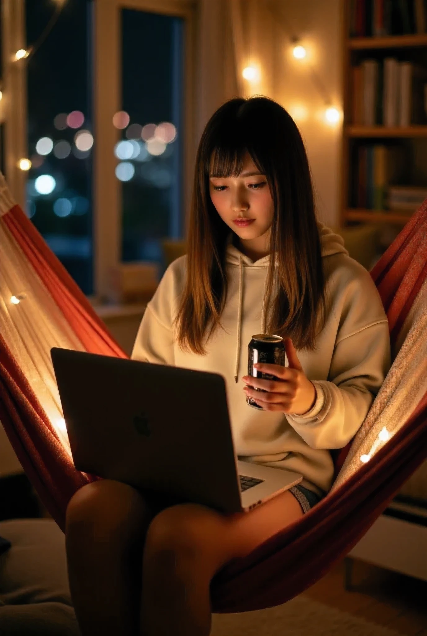 In a cozy and softly lit bedroom, a beautiful teenage girl sits comfortably in a hammock strung between two walls. She has a small, sleek laptop balanced on her lap, its screen glowing softly. In her right hand, she holds an opened can of beer, condensation dripping down its sides, while her left hand operates an iPhone with practiced ease. Her cheeks are flushed a soft pink, hinting at excitement or perhaps the effect of the drink. Her long, slightly wavy hair cascades over her shoulders, and she wears a casual yet stylish outfit—a loose, oversized hoodie and snug shorts, highlighting a relaxed vibe. The hammock sways gently, surrounded by the warmth of the room, which is adorned with fairy lights, bookshelves filled with novels, and scattered cushions. Outside the window, a faint cityscape glimmers in the night, adding to the serene yet lively mood of the scene. The focus remains on her expression, a mix of youthful excitement and absorbed concentration as she interacts with her phone while multitasking effortlessly.