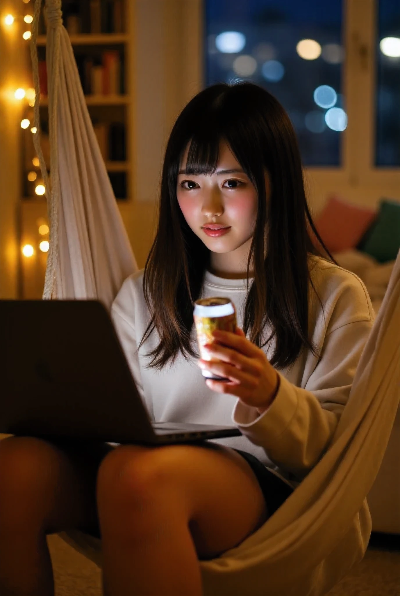 In a cozy and softly lit bedroom, a beautiful teenage girl sits comfortably in a hammock strung between two walls. She has a small, sleek laptop balanced on her lap, its screen glowing softly. In her right hand, she holds an opened can of beer, condensation dripping down its sides, while her left hand operates an iPhone with practiced ease. Her cheeks are flushed a soft pink, hinting at excitement or perhaps the effect of the drink. Her long, slightly wavy hair cascades over her shoulders, and she wears a casual yet stylish outfit—a loose, oversized hoodie and snug shorts, highlighting a relaxed vibe. The hammock sways gently, surrounded by the warmth of the room, which is adorned with fairy lights, bookshelves filled with novels, and scattered cushions. Outside the window, a faint cityscape glimmers in the night, adding to the serene yet lively mood of the scene. The focus remains on her expression, a mix of youthful excitement and absorbed concentration as she interacts with her phone while multitasking effortlessly.