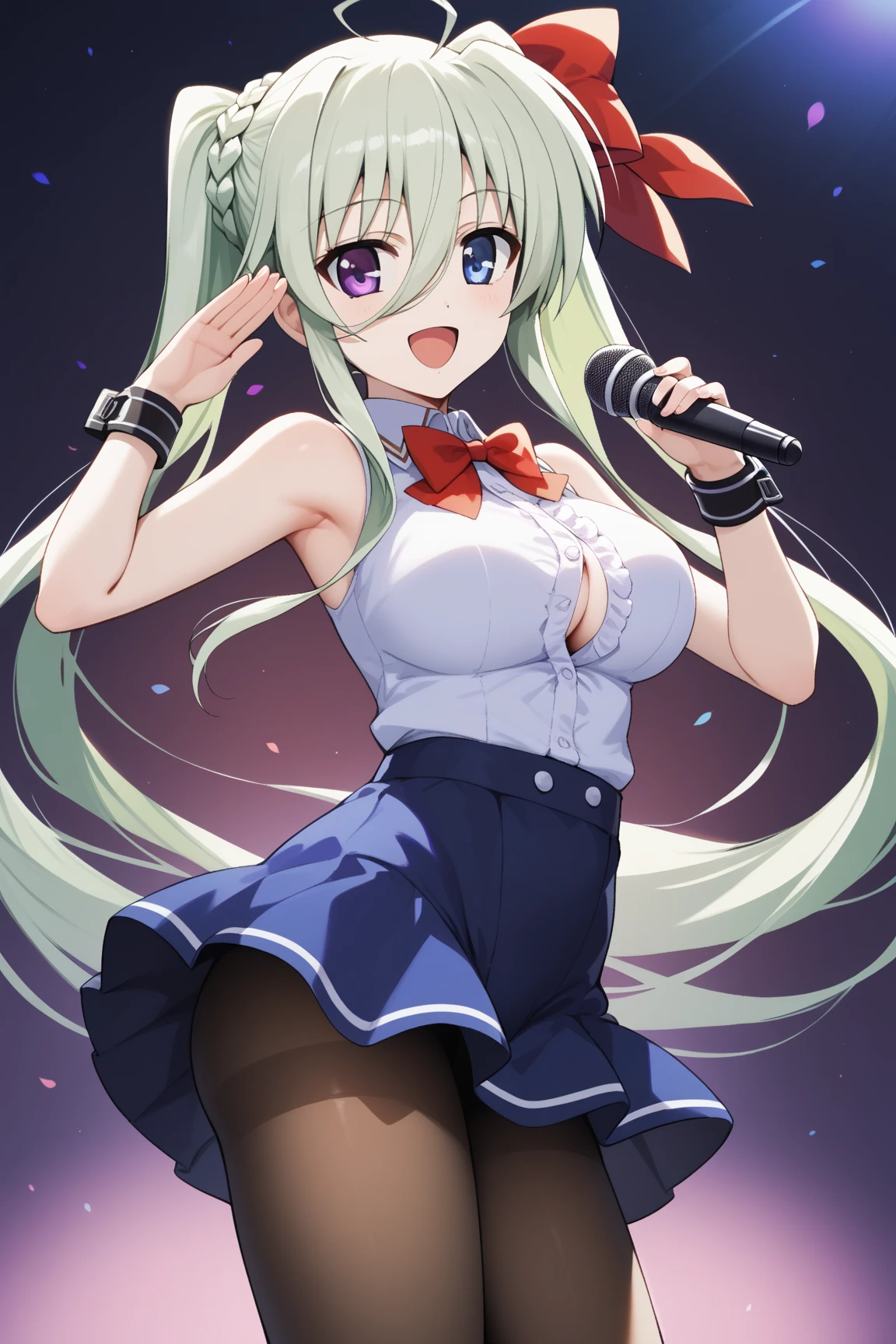 masterpiece,best quality,{{detailed beautiful face and eyes}}, 
Einhard Stratos,long hair,green hair,twintails,red hair ribbon,ahoge,hair between eyes,braided bangs,heterochromia,purple eyes,blue eyes,large breasts,
idle, (school festival frilled costume:1.3),(mini skirt:1.3),zettai ryouiki,bow tie,hair ribbon,(button gap:1.1),sleeveless,cuffs,tights,
1girl,(is smile:1.0),
 ((dancing,singing,have a microphone,cowboy shot,looking at viewer:1.2)), 
(stage:1.0),clothed