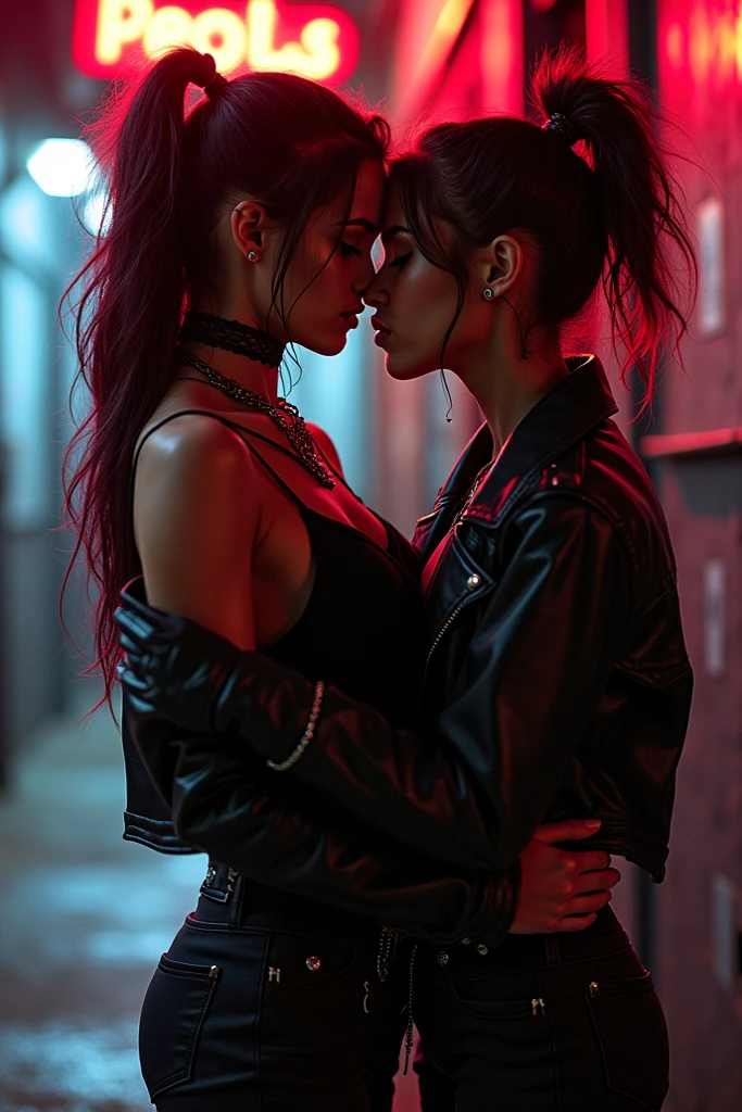 (photorealism:1.2), adult punk girl with tattoos all over and lingerie kissing a young shy teenage girl wearing a latex one-piece