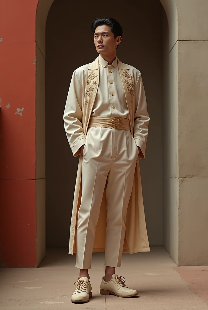 ((best quality,4k,highres,masterpiece:1.2)),((character concept art)), 1 man, age 25, Chinese Hong Kong, Hong Kong Elite, eldest sister, triad male leader, Known for her impeccable fashion sense and elegant demeanor, she is a true embodiment of the Versace brand. His body language is as captivating as his style, always exuding confidence and high fashion. (((he's wearing an exquisite Versace Barocco-print Shirt in Silk and Barocco-print leggings gold-tone/white/black, a true testament to the brand's luxurious aesthetic.))) Paired with Versace Tribute Sandals, she carries her ensemble with an air of effortless sophistication. Her accessories include a pair of Versace Tribute Sunglasses, enhancing her overall look. ((intricate detail)), super finely detailed hands, ultra finely detailed fingers(((ten fingers))), (standing still with confidently), (full body showcase), (show full body), (no logos on background), (no logo), ((plain background)), ((plain background)), (((empty background))).hot man, hot male , hot man , very small spikey boyish haircut, hot man