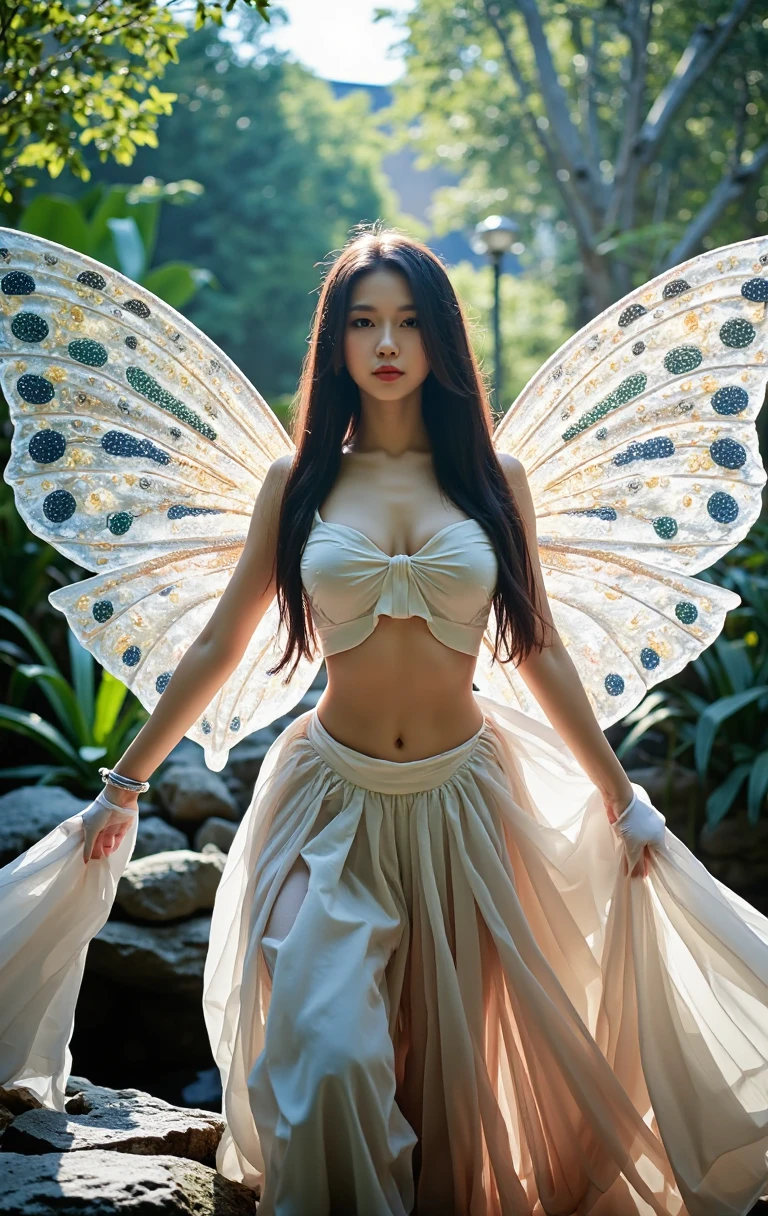 beautiful woman with yellow eyes, White skin, thick lips and small face with long orange hair,philippines is called "suit", which is a short sleeve dress with a round neck, but its two sleeves are straight, slightly higher than shoulders, resembling a butterfly with its wings spread fused with The skirt is wide, long with a fall that generates natural gathers. The jacket, It is a long-used format that has a thin, starched flap and is closed by tying cords or goreum (long ribbons) in the shape of a half bun, realist. Cheng Yi, Portrait of Jossi from Blackpink, beautiful realist face, beautiful natural anime face, a hyperrealist ,Having very marked curves, with greater volume in ((hips and breasts)), which makes the waist look much smaller ((wasp waist)).