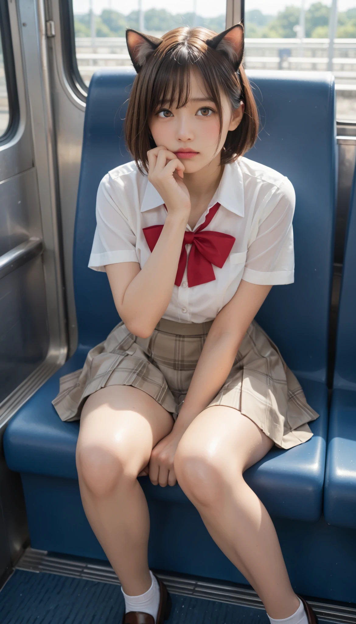  loafers in white, in train, head back, side head, Cat-Eared Girl, short hair, brown eyes, (Japanese Gal), (plain Japanese face ), pov (hand job, grab:1), ejaculate lot of cum, highly detailed skin, best quality, super detailed face, vibrant colors, (Curvaceous body), one girl, Alone, shy and cry and (angry:0.1) and hot and confused, Brown Hair, skirt, white blouse, a red ribbon, sit on train seat, wet seat, beautiful thighs, (embarrassing), cat pose, Shiny thighs, wet micro panties, close up (love juice, pussy juice:1.1), pov touch legs,