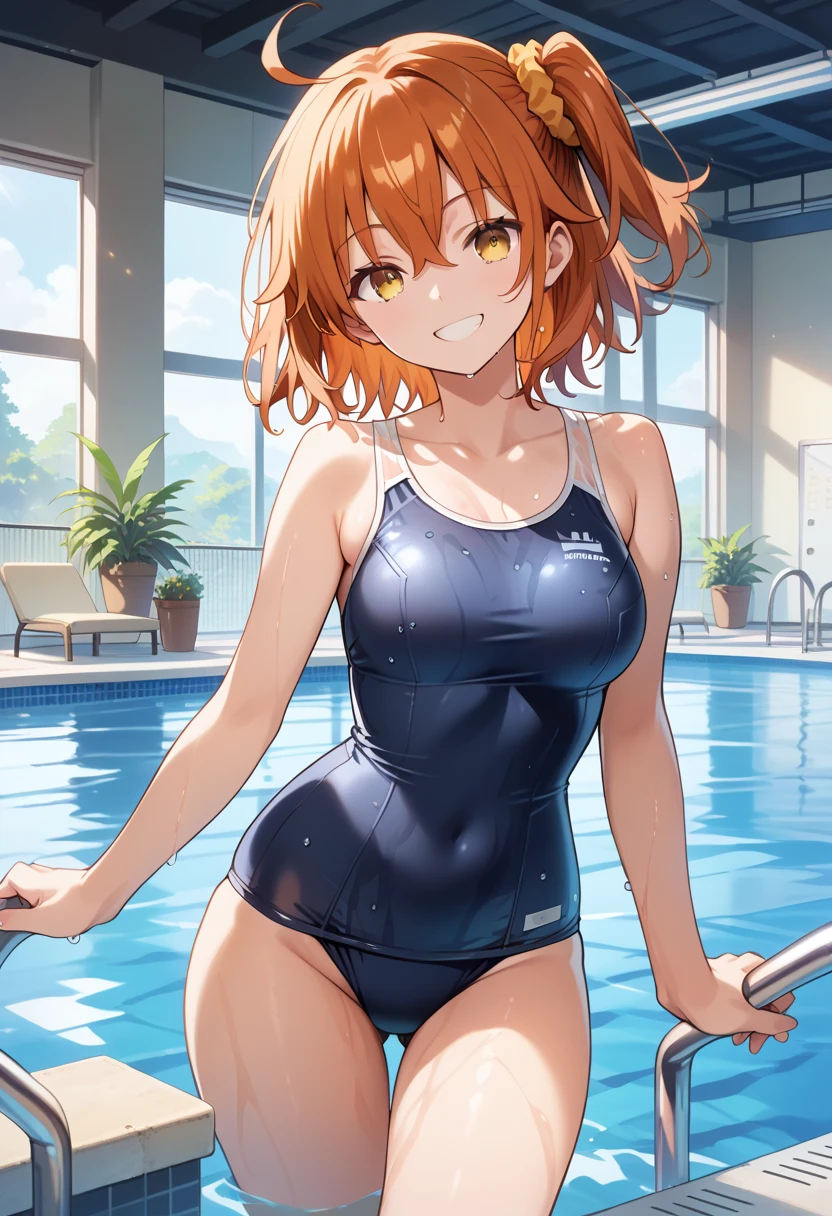 school swimsuit,one-piece swimsuit,wetting hair,Wet clothes,(score_9, score_8_up, score_7_up),source_anime,official art,(incredibly absurdres absolutely resolution,HD,8k,best quality,master piece,anatomically correct:1.2),ultra delicate hair,ultra delicate eyes,ultra delicate face,high quality illustration,super high resolution,hyper detailed,expressive eyes,ultra-detailed face,super detailed skin,Professional coloring,1girl,View Viewer,cowboy shot,pool,indoors,smile,aaritsuka, short hair, orange hair, ahoge, one side up, hair scrunchie, orange scrunchie, yellow eyes, breasts