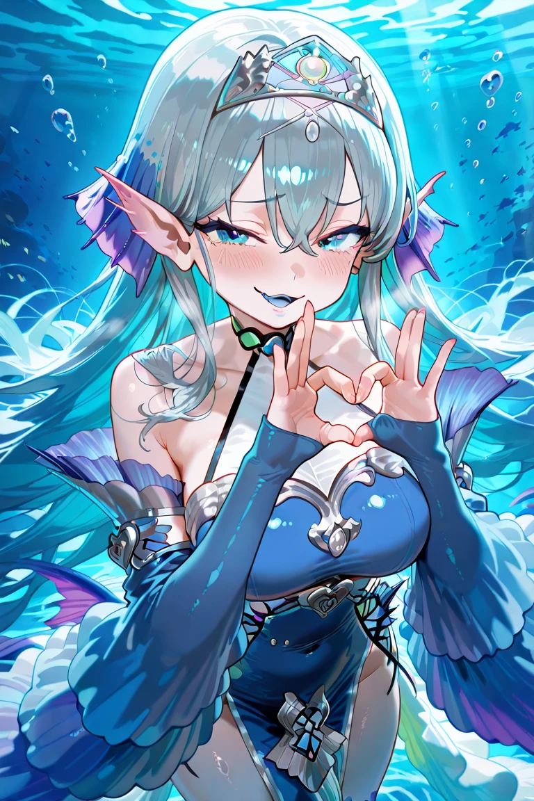 { top quality , masterpiece, high res, anatomically correct , Detailed Fingers , detailed hands ,Detailed legs, detail eyes:1.5}, {tearlaments kitkallos,blue dress,silver tiara,blue detached sleeves,sleeves past wrists,mermaid,sleeves past wrists,blue mouth}, mesugaki, 1girl, simple underwater background, smug face, blush,  Heart Shape Gesture,  cowboy shot, from your hand and direct your gaze