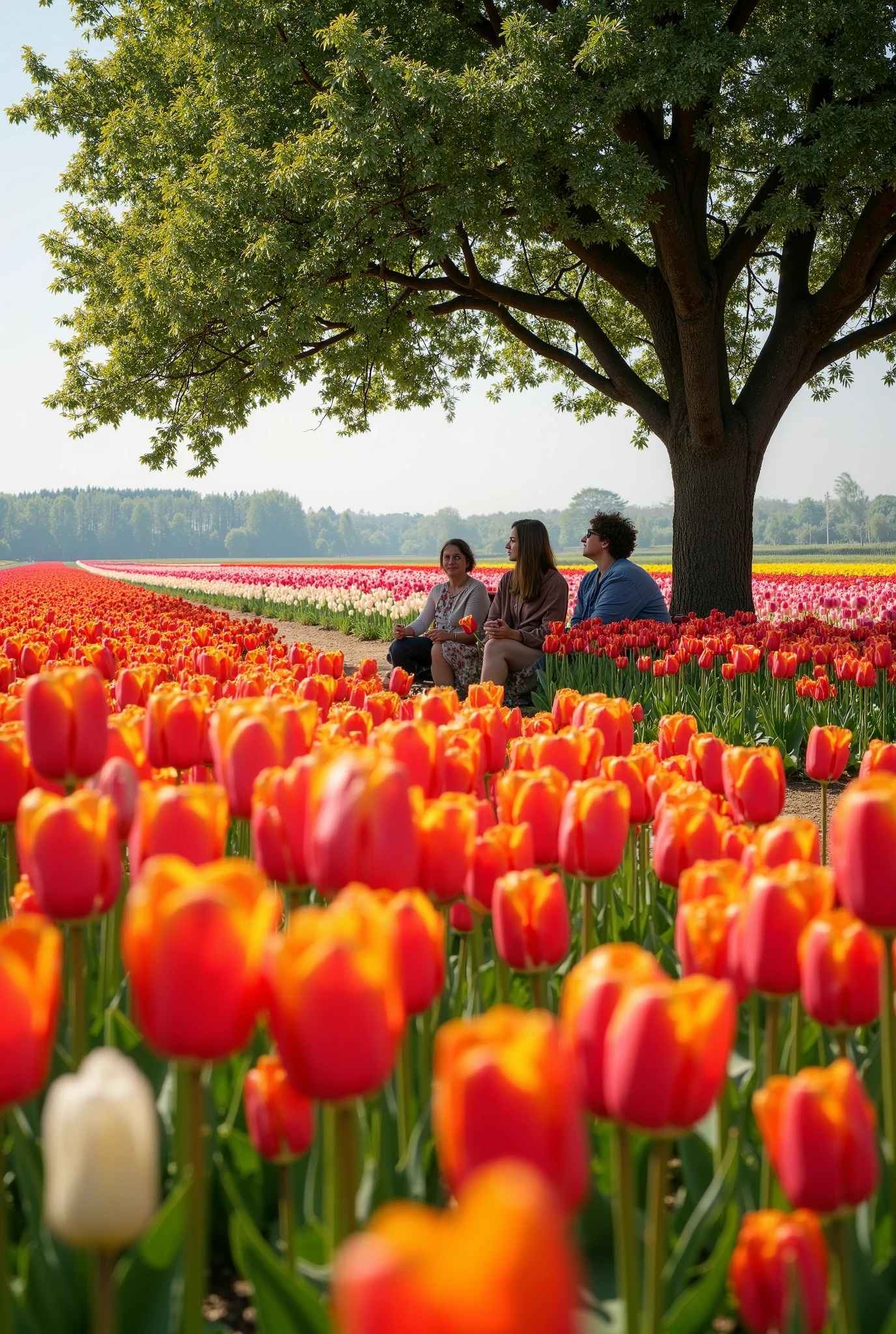A huge beautiful meadow with growing tulips of different bright colors and a little boy and girl, admiring the tulips