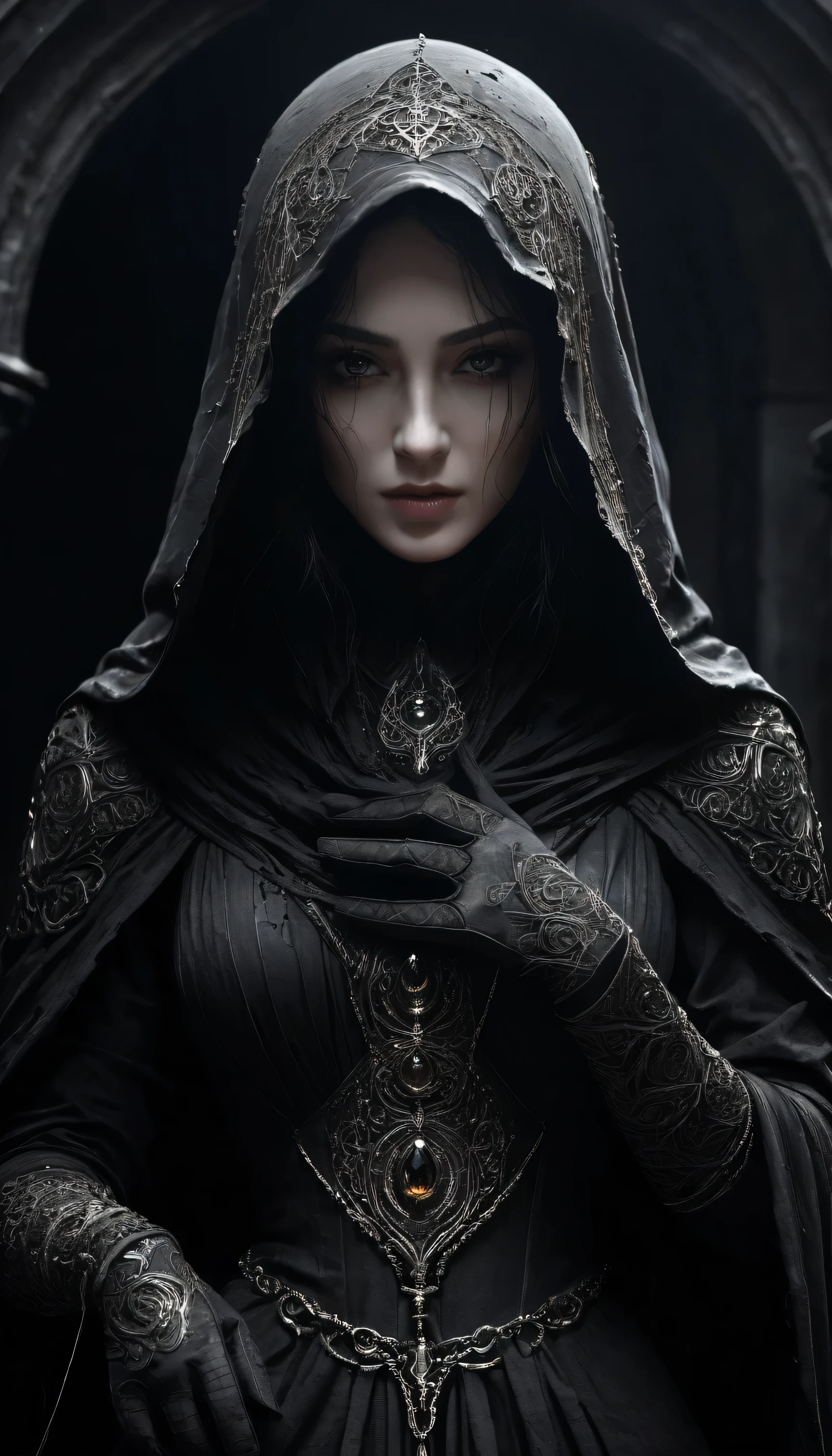 Completely black screen, absolutely nothing, pure black, detailed, but the Pythia rises from the shadows, her form cloaked in tattered rags of ashen gray, each thread whispering tales of forgotten sorrow, FastNegativeV2, gloom, black gloves