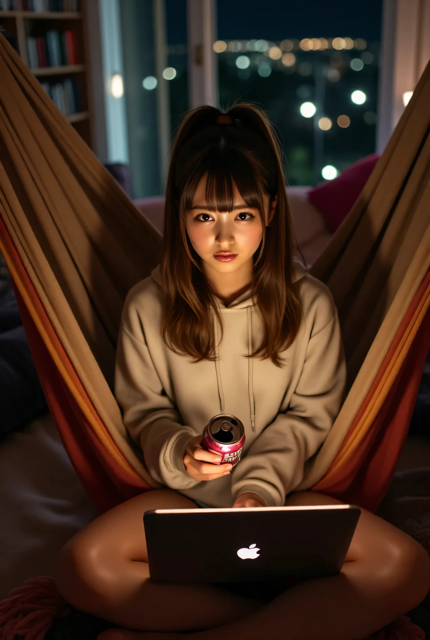 In a cozy and softly lit bedroom, Ponytail hair, School uniform, spread legs, a beautiful ******* girl sits comfortably in a hammock strung between two walls. She has a small, sleek laptop balanced on her lap, its screen glowing softly. In her right hand, she holds an opened can of beer, condensation dripping down its sides, while her left hand operates an iPhone with practiced ease. Her cheeks are flushed a soft pink, hinting at excitement or perhaps the effect of the drink. Her long, slightly wavy hair cascades over her shoulders, and she wears a casual yet stylish outfit—a loose, oversized hoodie and snug shorts, highlighting a relaxed vibe. The hammock sways gently, surrounded by the warmth of the room, which is adorned with fairy lights, bookshelves filled with novels, and scattered cushions. Outside the window, a faint cityscape glimmers in the night, adding to the serene yet lively mood of the scene. The focus remains on her expression, a mix of youthful excitement and absorbed concentration as she interacts with her phone while multitasking effortlessly.