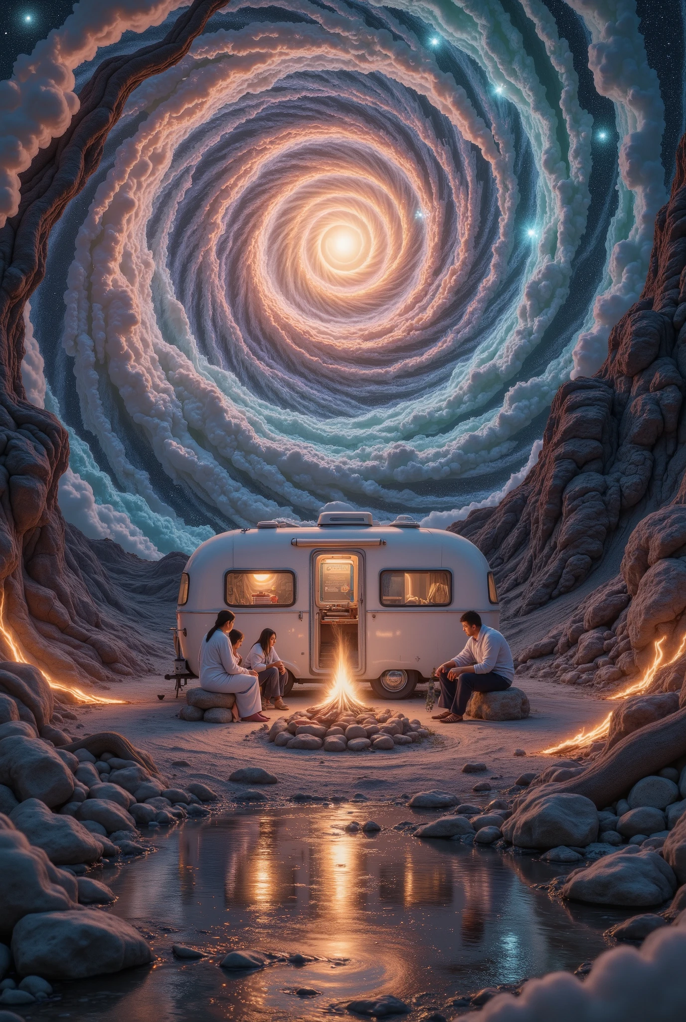There is a retro camper with flashing light , brighten up the surrounding area with . Yunnan Province Proxy Area, The campfire blazing brightly under the starry night sky ., The smell of burning trees blends with the fresh mountain air. .. The fireworks dance gracefully in a quiet atmosphere ., The flickering shadows cast flickering shadows on nearby trees .. Fireworks in the Daocheng region of Yunnan Province , and are reflected on the quiet surface of the lake {x} friends gather They create a cozy atmosphere where you can share stories and laughter {x} They seem to reflect the vivid spirit of this beautiful and fascinating destination in southwestern China.. warm light