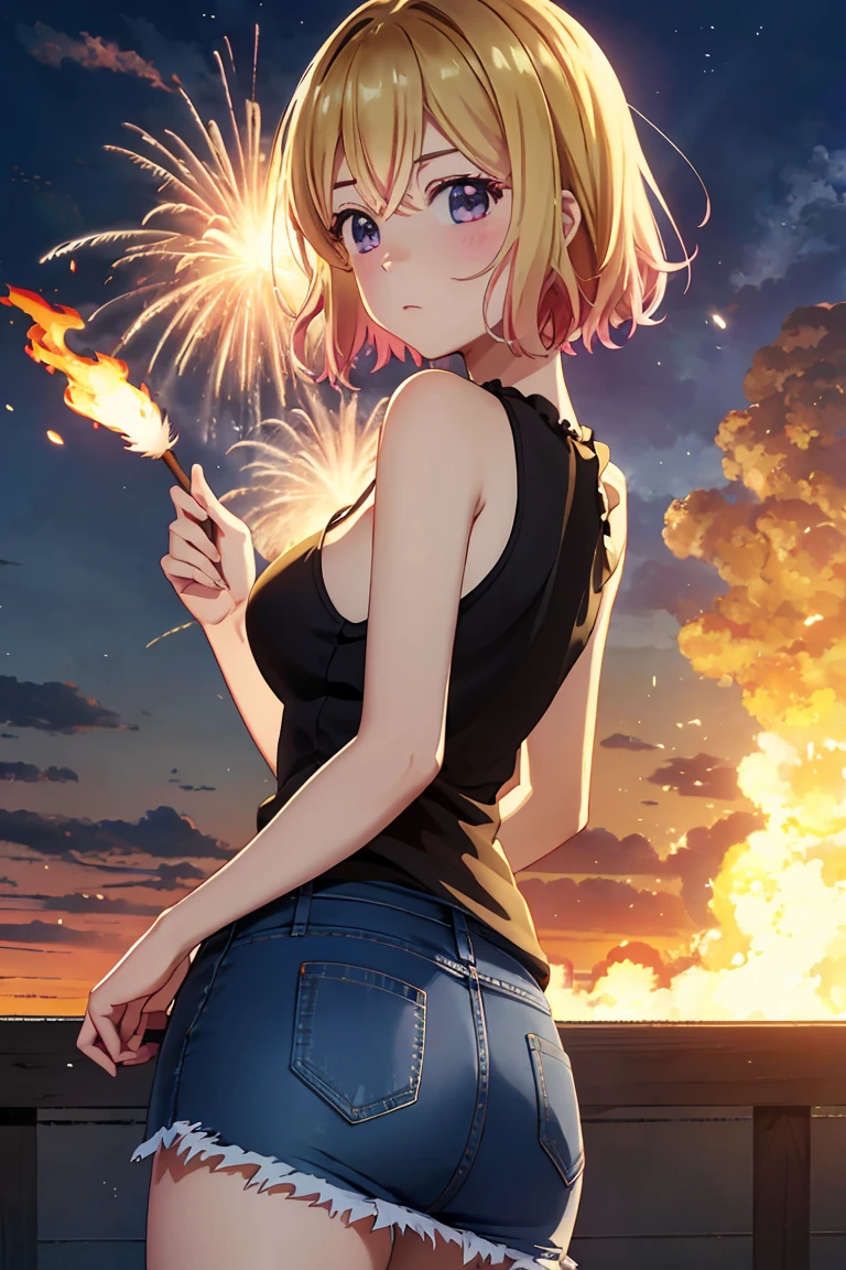 masterpiece, Highest quality anime illustrations, Super detailed,ultra high resolution、perfect lighting single girls, alone, Blonde、medium hair, anime , view at viewer, cleavage in years、 show me your butt 、 black tank top、 sexy short denim skirt holding a lighted match stick、Black panties、panties pull、at night、 fence、Explosion and Flames 、 Explosion Military Base in Flames、Building on fire