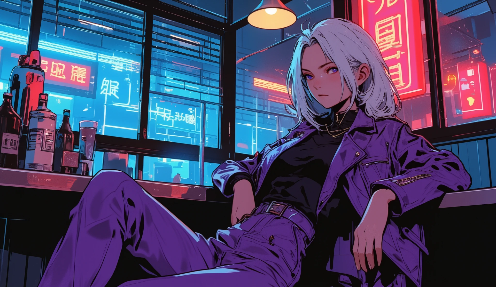 A white-haired female assassin in a vibrant purple leather jacket and retro-style jumpsuit, lounging at a dimly lit corner booth of a neon-lit diner. The illustration is in a detailed, muted pastel color, vintage comic book art style, with deep crimson and electric blue tones, reminiscent of an 80s anime still shot, in the style of Moebius. Neon signs casting dramatic shadows through venetian blinds, creating a noir atmosphere.