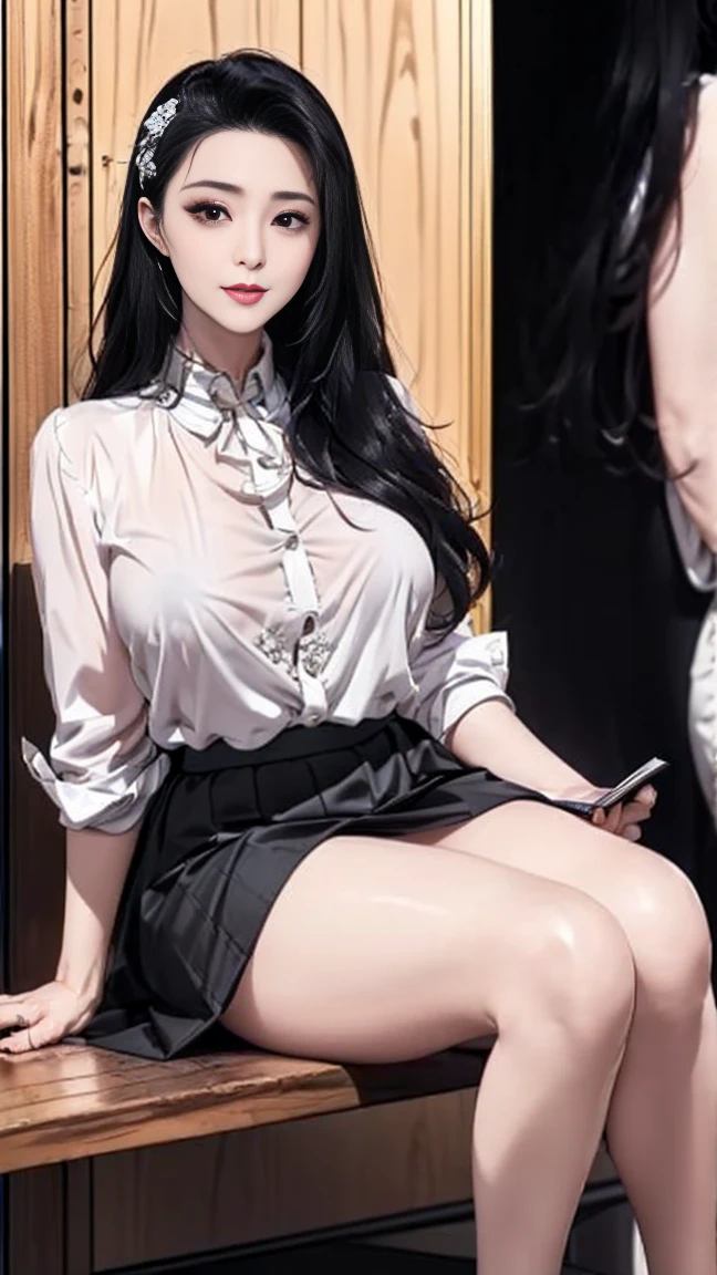 Fotorrealista, high resolution, luzes suaves, 1 mulheres, Sozinho, Quadris para cima, olhos azuis, cabelo branco, cabelo longo, Close your lips, camisa de colarinho, gravata preta,Saia preta, pencil skirt, casaco de pele, meias