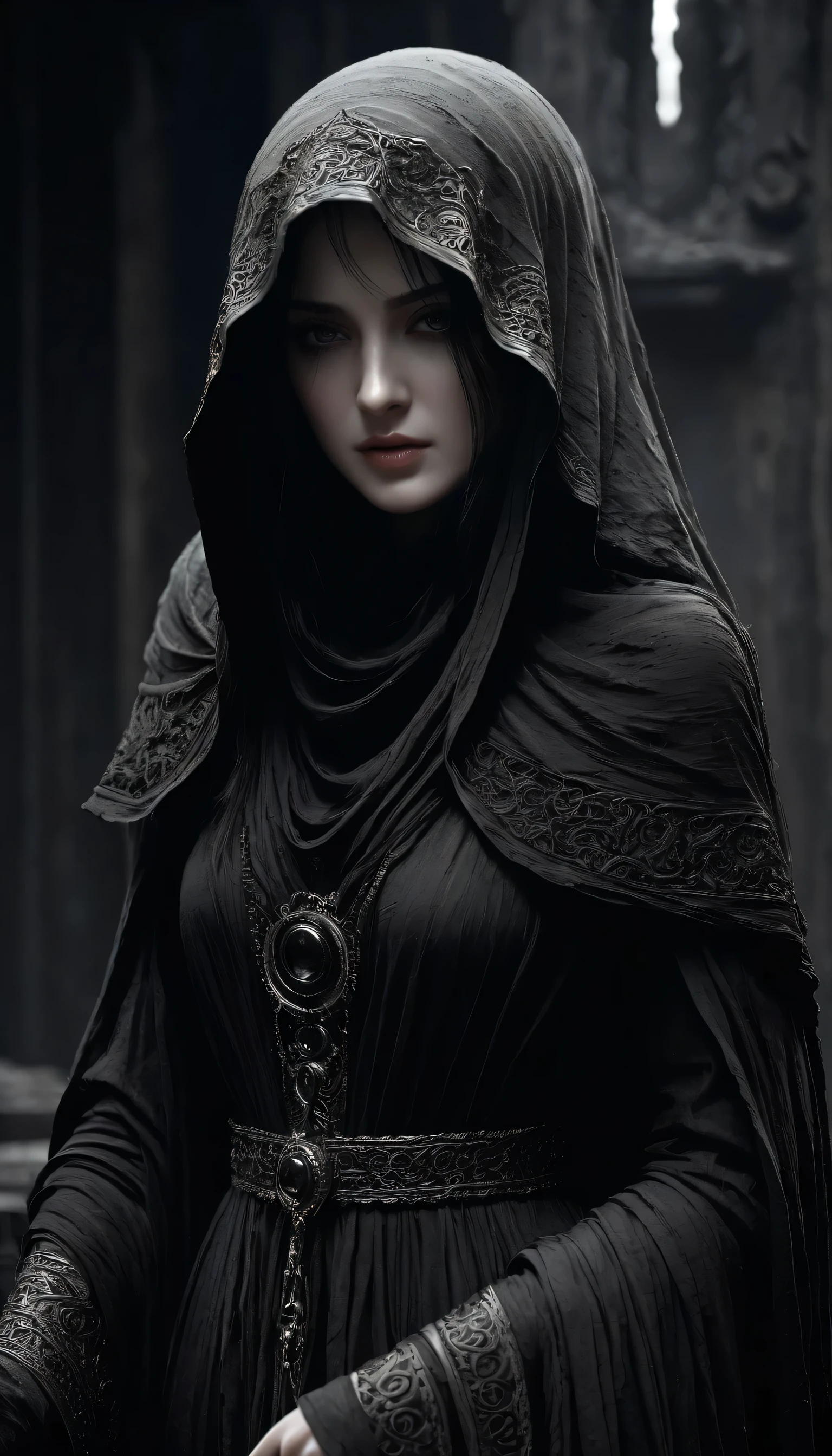 Completely black screen, absolutely nothing, pure black, detailed, but the Pythia rises from the shadows, her form cloaked in tattered rags of ashen gray, each thread whispering tales of forgotten sorrow, FastNegativeV2, gloom