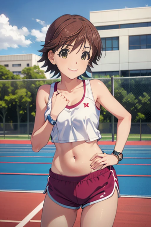 ((( Pixel Perfect ,  details perfect))), Alone,  One Girl , Honda Mio, Mini tank top, shorts , track and field uniform,  Watch Viewers , smile,  lean forward, belly button out