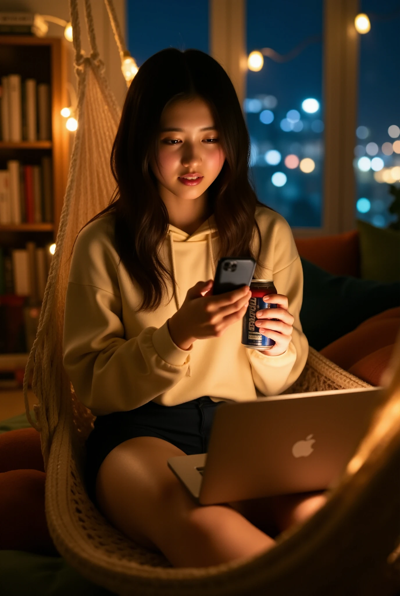 In a cozy and softly lit bedroom, School uniform, spread legs, a beautiful  girl sits comfortably in a hammock strung between two walls. She has a small, sleek laptop balanced on her lap, its screen glowing softly. In her right hand, she holds an opened can of beer, condensation dripping down its sides, while her left hand operates an iPhone with practiced ease. Her cheeks are flushed a soft pink, hinting at excitement or perhaps the effect of the drink. Her long, slightly wavy hair cascades over her shoulders, and she wears a casual yet stylish outfit—a loose, oversized hoodie and snug shorts, highlighting a relaxed vibe. The hammock sways gently, surrounded by the warmth of the room, which is adorned with fairy lights, bookshelves filled with novels, and scattered cushions. Outside the window, a faint cityscape glimmers in the night, adding to the serene yet lively mood of the scene. The focus remains on her expression, a mix of youthful excitement and absorbed concentration as she interacts with her phone while multitasking effortlessly.