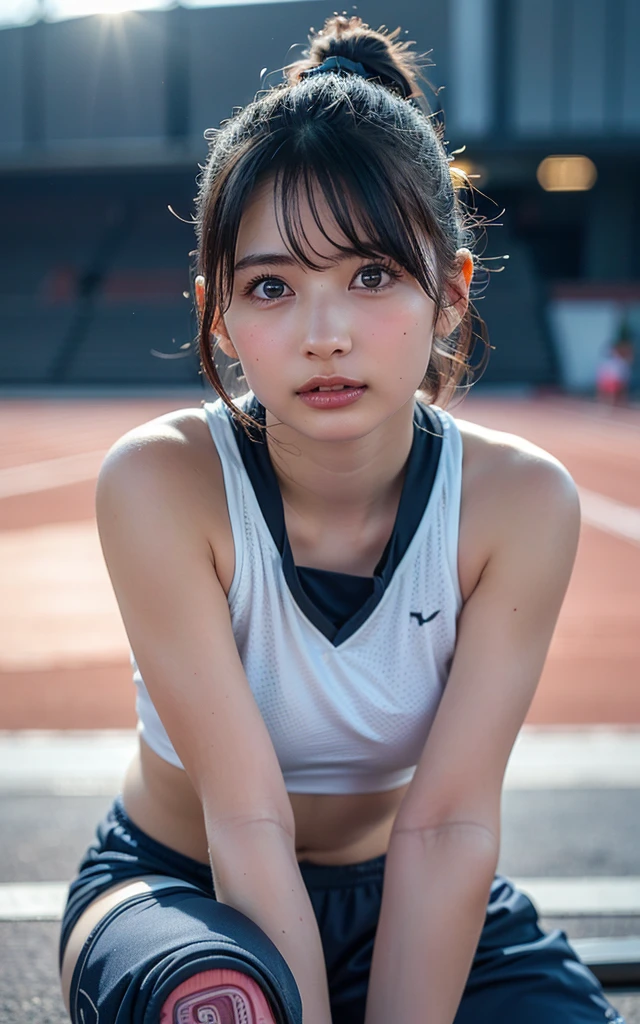 Mitsuhamiyamizu, Mitsuha Miyamizu, Black hair,poneyTail、 Hair Ribbon,slightly larger breasts、
orange sleeveless sportswear、basket ball uniform、Red shorts、Gymnasium、basketball、Best Quality, High resolution, Unity 8k壁纸, (Illustration:0.8), (Beautiful detailed eyes:1.6), extra detailed face, Perfect Lighting, extremely details CG, (Perfect hands, Perfect Anatomy),