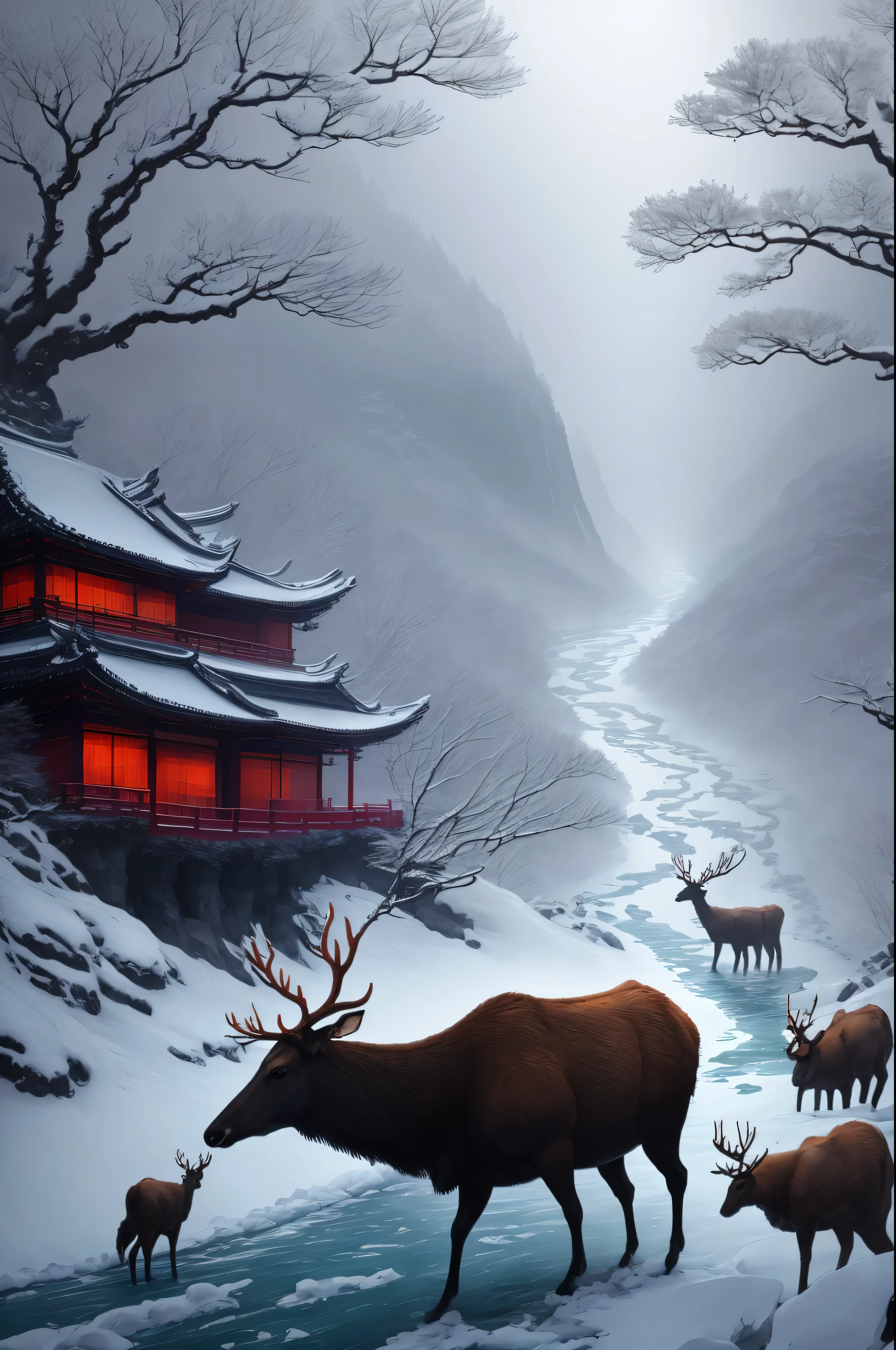 fantasy forest、Heavy snow is falling in the sky、River freezes,Elk passing by gently