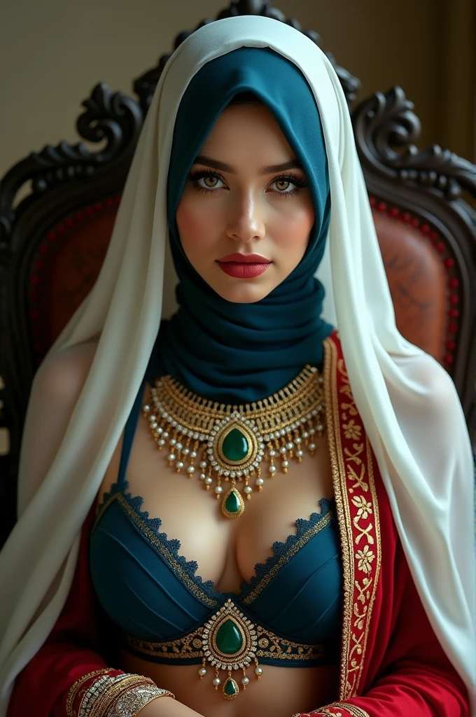 cleavage, hijabi, Absurd, ultra-detailed, high quality, masterpiece, detailed face, beautiful eyes(detailed eyes), Greek mythology Goddess, Hestia, goddess of the hearth and home, gentle and graceful, face exudes warmth and kindness, eyes described as soft and comforting, hold a gentle and steady gaze, golden hair color , overall appearance is simple and modest, The fabric of her garments is usually depicted as soft and earth-toned, beauty lies not in extravagant adornments, Her smile is serene and welcoming