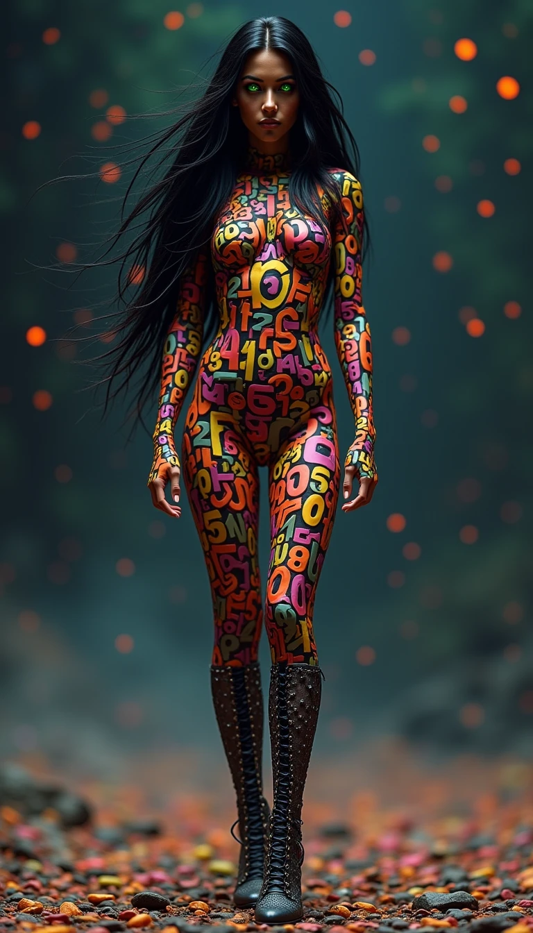 A woman with long, flowing black hair stands gracefully, her silhouette outlined against a bright background. Her body is adorned with a colorful, intricately detailed map of India, showcasing various states with distinct patterns and vibrant colors. The map is painted onto her skin, blending seamlessly with her features. Overlaid on the map, in bold and elegant font, the words "BHARAT MA" are written, making it prominent. The woman has a serene and proud expression, and the overall feel of the image is one of cultural pride and artistic beauty. The background is simple, ensuring the focus remains on the woman and the map design. Image ratio 9:16