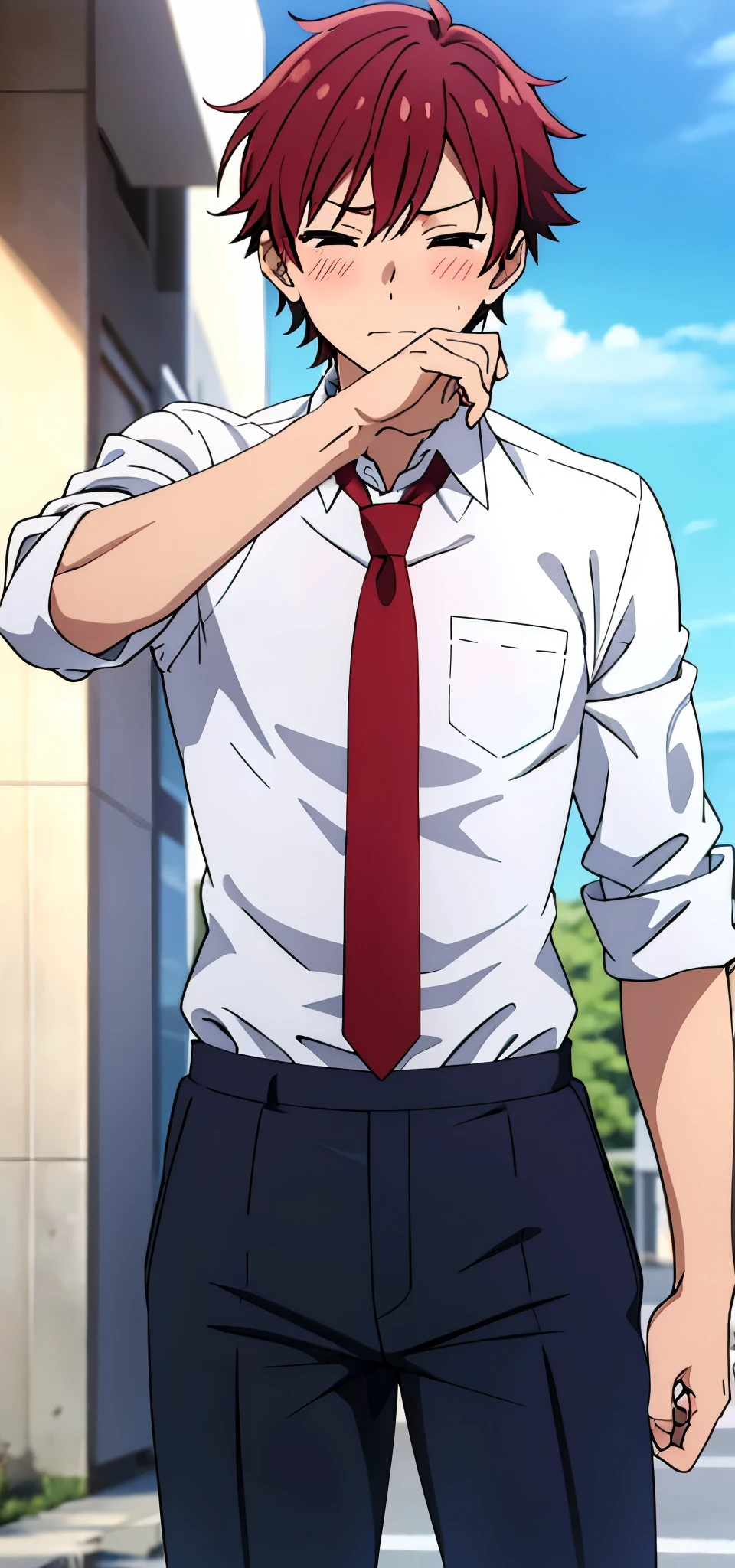 anime boy wearing white shirt, red tie, eyes closed, wiping face, happy, blushing, sleeves fold, full sleeves , outdoor, blue sky 