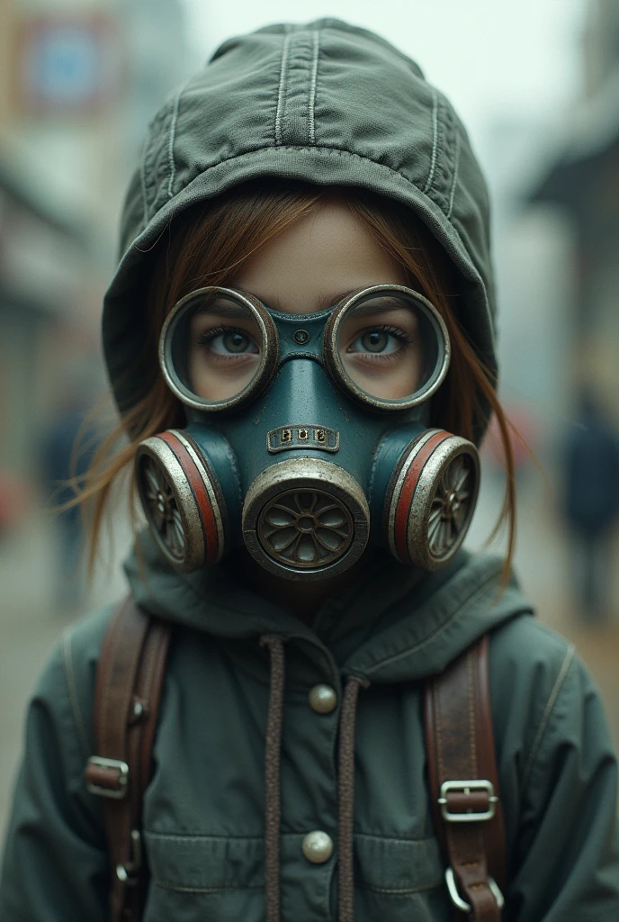 a photo of a 10 YEAR OLD, post-apocalyptic GIRL with a gas mask on her face, portrait photo, futuristic outfits