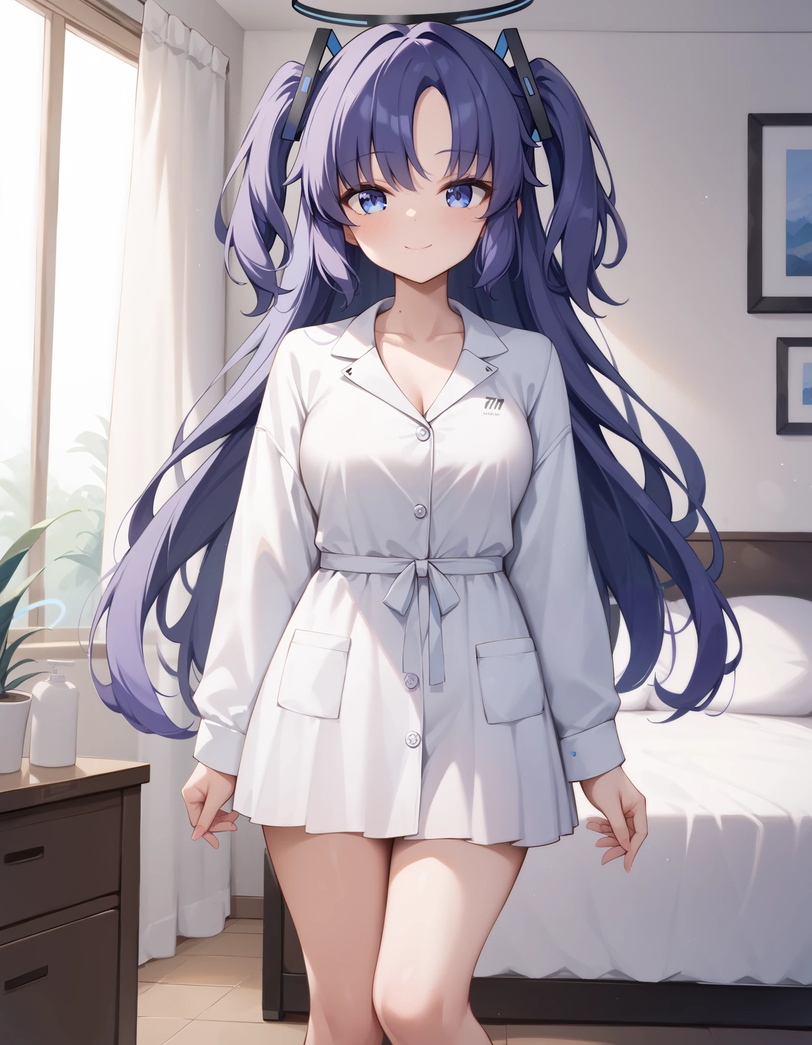 Masterpiece, hd, 1girl, yuuka, blue eyes, halo, purple hair, two side up, long hair,, wearing housedress, white pajamas, indoor, bedroom, smile, fullbody, standing
