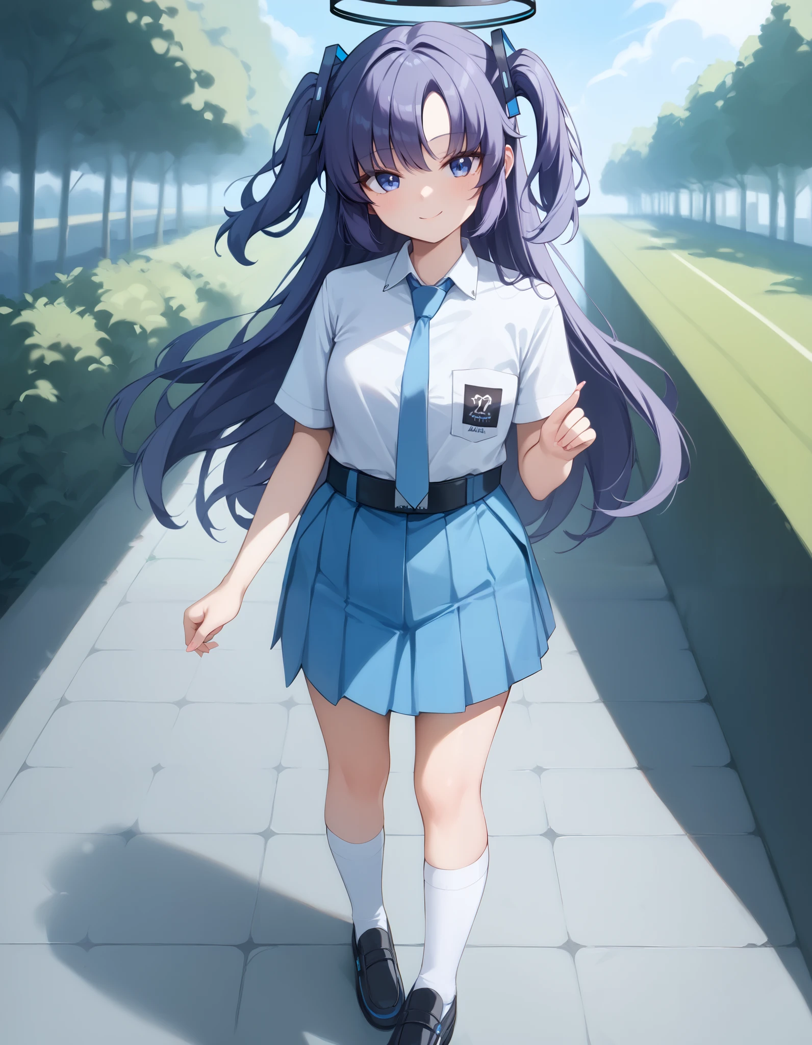 Masterpiece, hd, 1girl, yuuka, blue eyes, halo, purple hair, two side up, long hair,, Indonesia high school uniform, wearing white collared shirt, short sleeves, light blue skirt, pleated skirt, light blue neck tie, pocket, school logo on pocket, wearing black belt, wearing black shoes, white socks, Standing, potrait, looking at viewer, smile, outdoor, school background