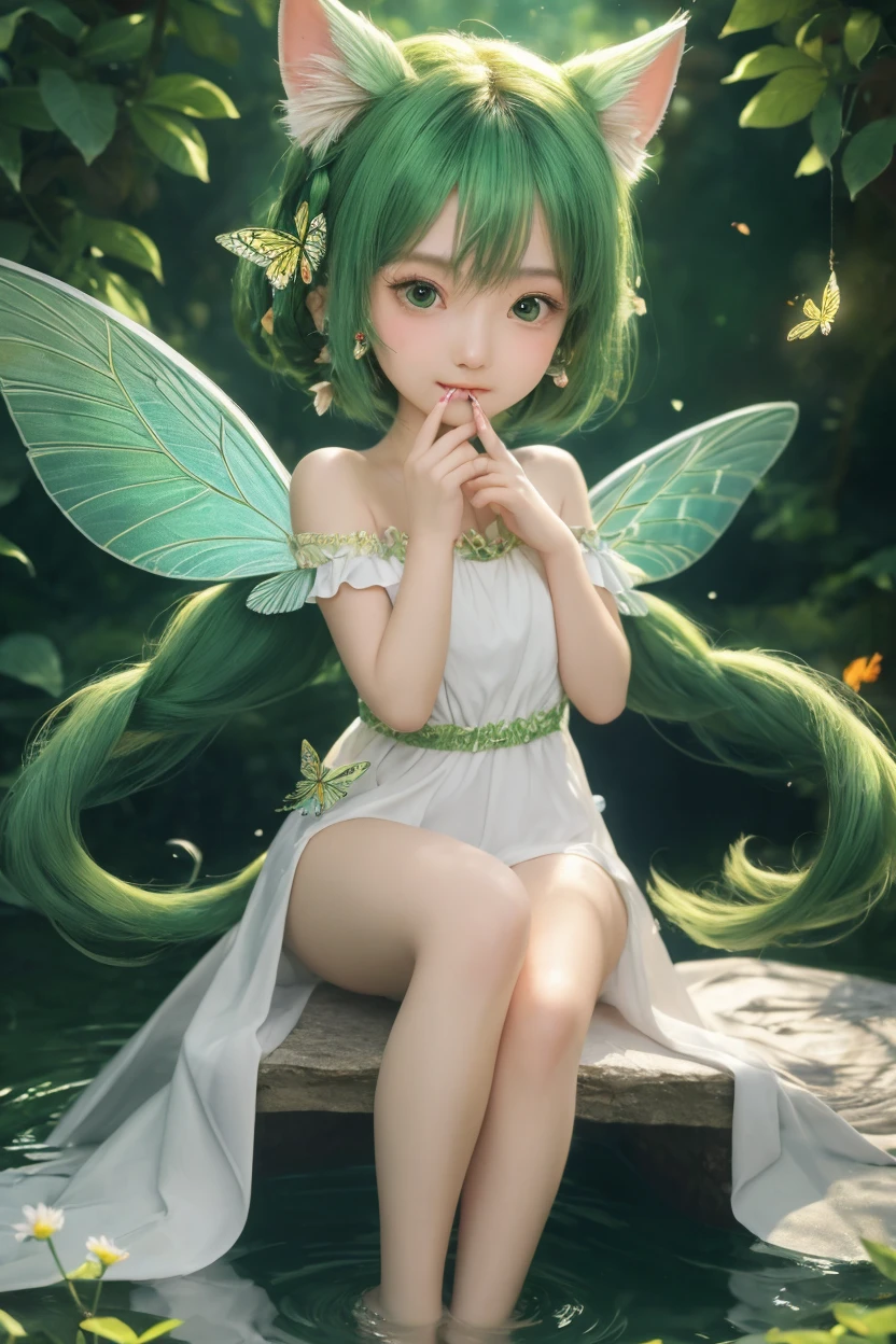 A cute fairy (crystalline butterfly wings, prismatic hair, large eyes, nude) has gotten drunk on honeydew. She is passed out on the top of a toadstool fingering her pussy. enchanted woods
