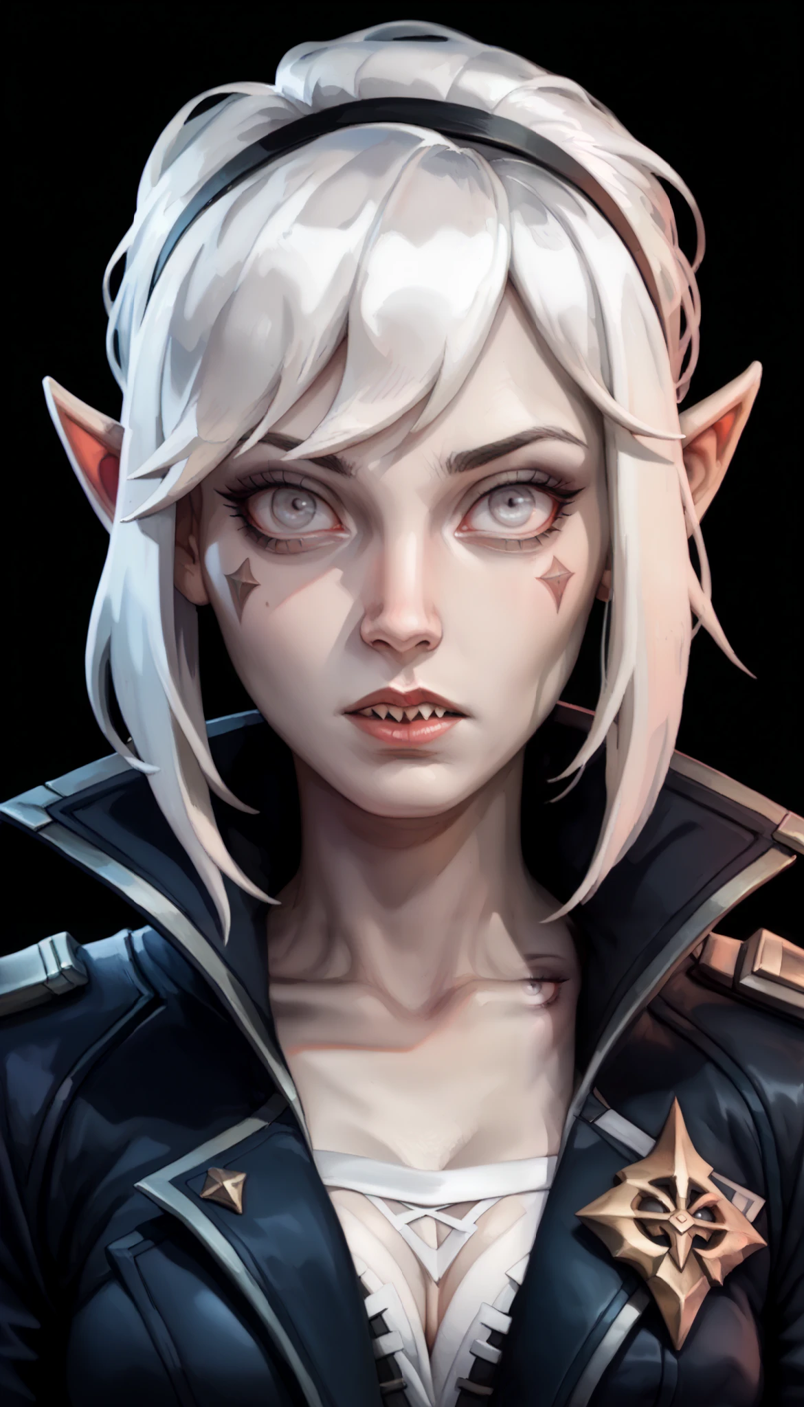 one woman, briar from league of legends, (pale skin, grey skin:1.3), pointy ears, sharp teeth, (pale eyes:1.2), white hair, straight bangs, (upper body:1.3), (black background, clear background:1.5), (black military jacket:1.2), (studio lights, deep shadows:1.3), (curious face:1.2), (big chest:1.2)