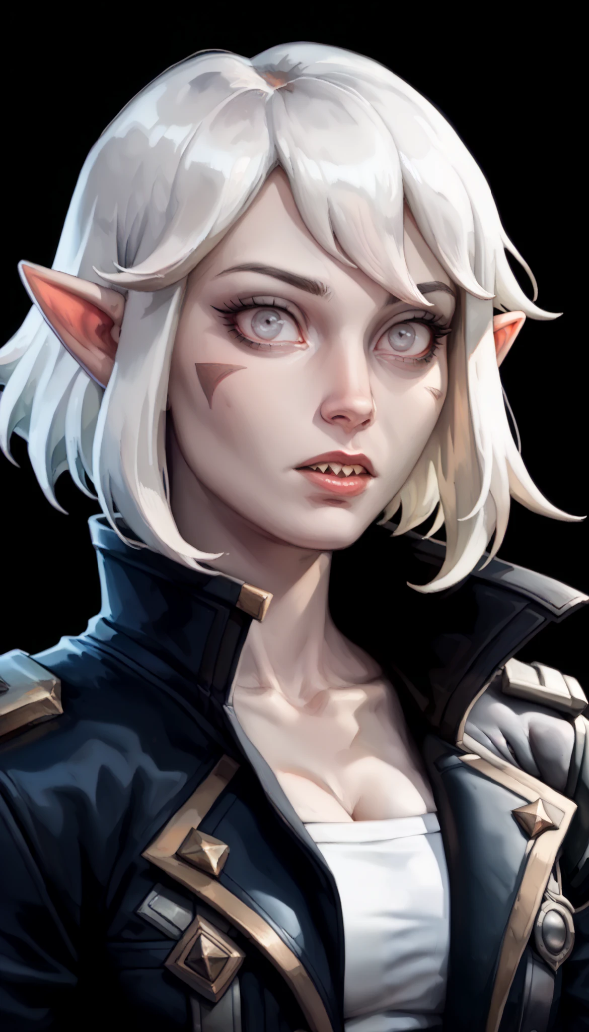 one woman, briar from league of legends, (pale skin, grey skin:1.3), pointy ears, sharp teeth, (pale eyes:1.2), white hair, straight bangs, (upper body:1.3), (black background, clear background:1.5), (black military jacket:1.2), (studio lights, deep shadows:1.3), (curious face:1.2), (big chest:1.2)