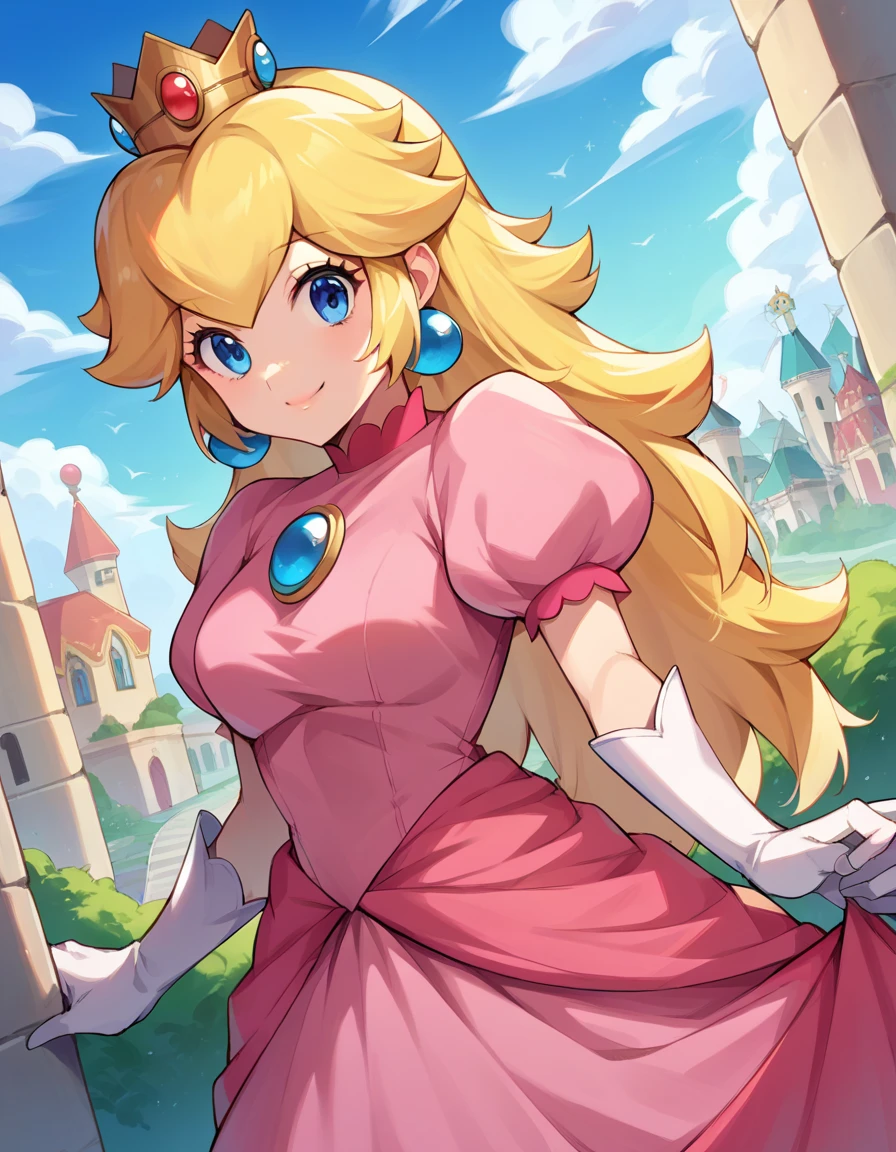 score_9, score_8_up, score_7_up, source_anime,
princesspeach, princess peach, blonde hair, blue eyes, long hair, smile,
crown, dress, gem, gloves, pink dress, puffy short sleeves, puffy sleeves, short sleeves, white gloves,
outdoors, cityscape,
looking at viewer, dutch angle, cowboy shot