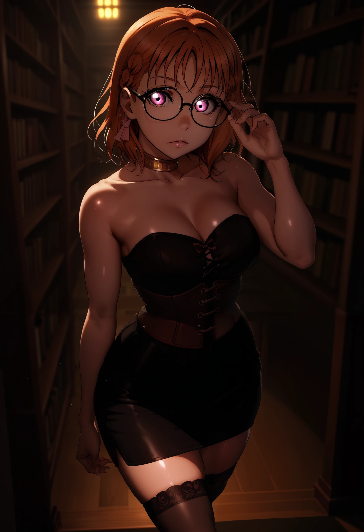 dynamic lighting , love live art style, takami chika , orange hair, medium hair, pink eyes, side braid, circle glasses, corset, pencil skirt,collarbone,neck ring, thighhighs, in black dark library , night , looking at viewer, strapless , adjusting glasses , shiny skin,thin waist,curvy hips,solo,dramatic chiaroscuro lighting,dark, from above,shiny skin,RUKIA Style, walking