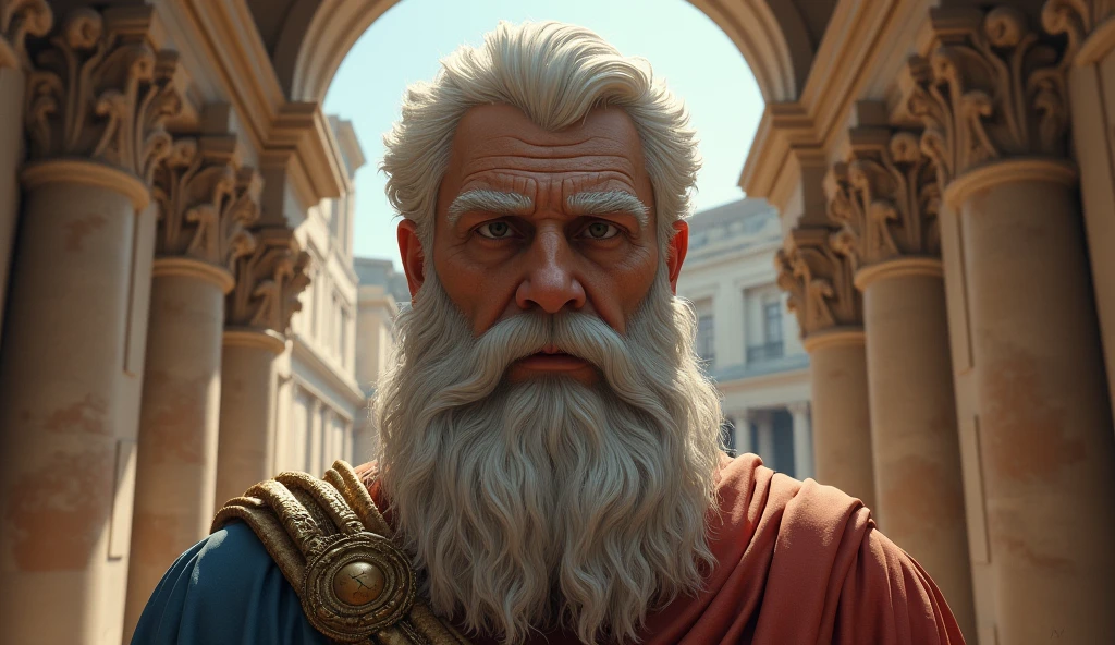 the god zeus, with a naughty smile, and with a Greek-style city in the background.