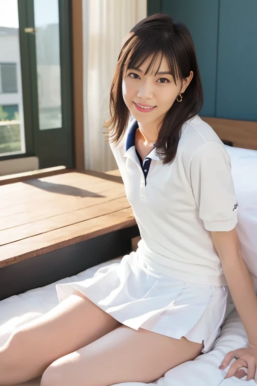 (Masterpiece, Best quality: 1.4), (Ultra realistic, Photo-realistic: 1.2), From above, From side, Sitting, Looking at viewer, Natural light, 28 years old acter, Japanese woman, Neat and clean, ((Wearing white tennis uniform, White short-sleeve polo shirt with collar, Not buttoning the polo shirt, White pleated tennis skirt: 1.3)), (Wearing white sock: 1.2), (Short wavy hair: 1.2), (Beautiful face), Oval face, clear, Beautiful eyes, Kind eyes, Clear skin, Small face, Beautiful mouth, Small mouth, Natural makeup, Approachable, Seductive smile, (Seductive pose: 1.4), (Beautiful thighs: 1.2), (Bedroom eyes: 1.1), Embarrassed, Blush, Luxury hotel Suite room, On bed, open legs, wet body,