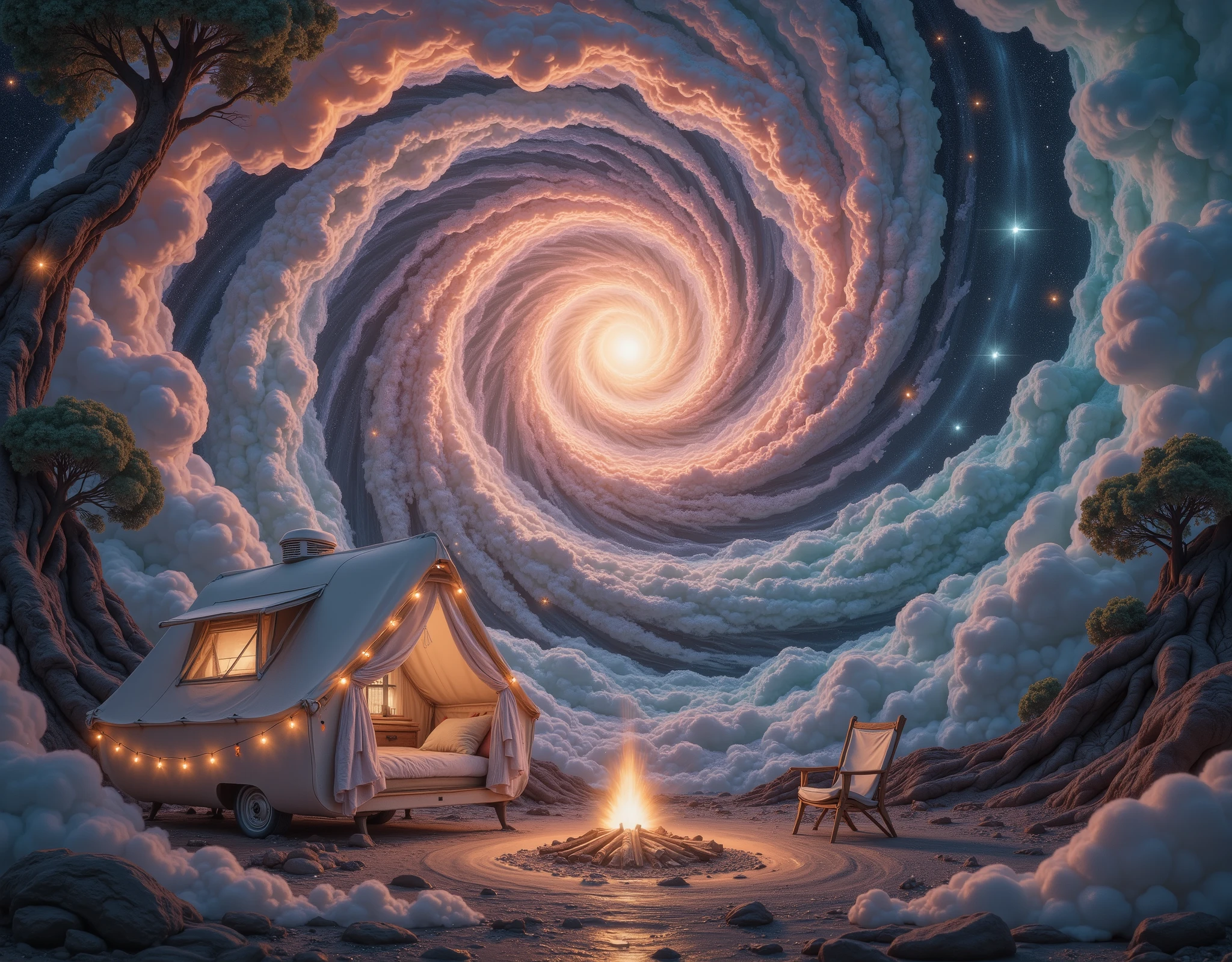 1.background: 깊고 신비한 핑크빛과 보라빛 밤하늘이 background을 차지하고, , and the stars are shining all over the sky .  It crosses the sky while drawing a smooth trajectory. .
2. Camping Setup : A pretty Indian tent has been set up, A cozy round bulb decoration hangs around the tent, adding a warm feeling.  The side of the tent also shows a small garland fluttering in the wind .
3. bonfire : 텐트 앞에는 아늑한  bonfire 이 타오르고,  The flame has a warm orange color and warms the surrounding air .  bonfire  근처에는 캠핑 의자와 소파가 놓여 있어 여유로운 분위기를 연출합니다.
4.Camper : 텐트 한쪽에 레트로 느낌이 나는 Camper 가 background에 자리잡고 있어요. Camper 의 창문에서 부드러운 빛이 새어 나오고,  There are small decorative lights hanging around the .
5. Natural Elements : , you can see a small city flowing smoothly and trees in the forest,  moonlight shines softly through the leaves. .