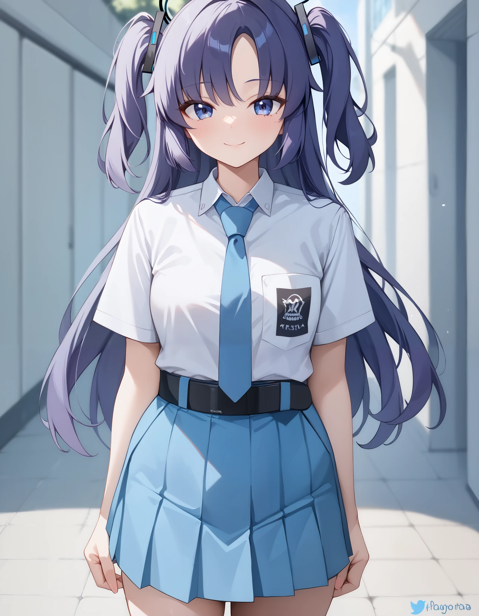 Masterpiece, hd, 1girl, yuuka, blue eyes, halo, purple hair, two side up, long hair,, Indonesia high school uniform, wearing white collared shirt, short sleeves, light blue skirt, pleated skirt, light blue neck tie, pocket, school logo on pocket, wearing black belt , Standing, potrait photo, looking at viewer, smile, outdoor, school background