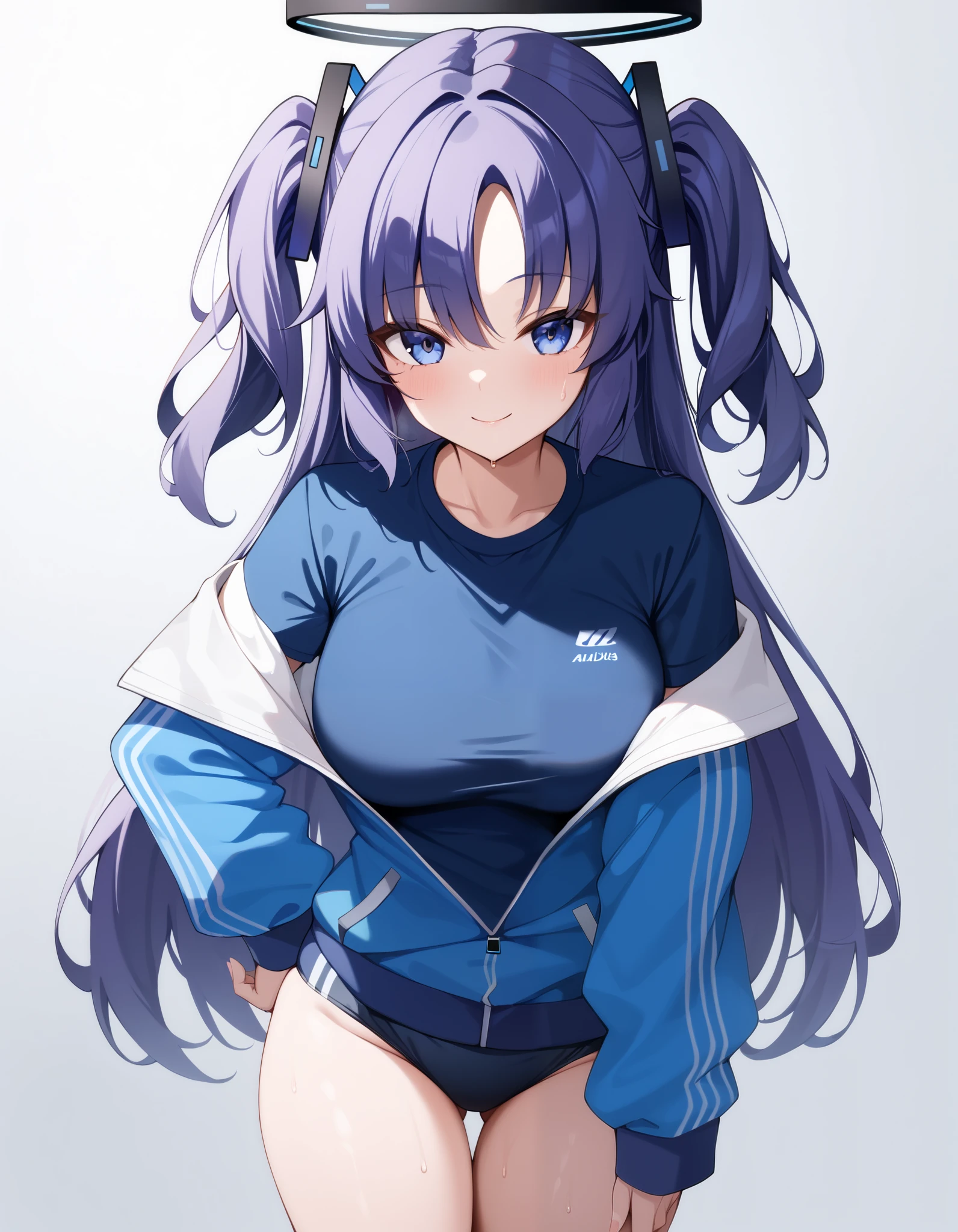 Masterpiece, hd, 1girl, yuuka, blue eyes, halo, purple hair, two side up, long hair, wearing blue track jacket, blue Adidas jacket, opened jacket, wearing black t-shirt, wearing black underwear, sport underwear, standing, looking at viewer, potrait, smile, sweating