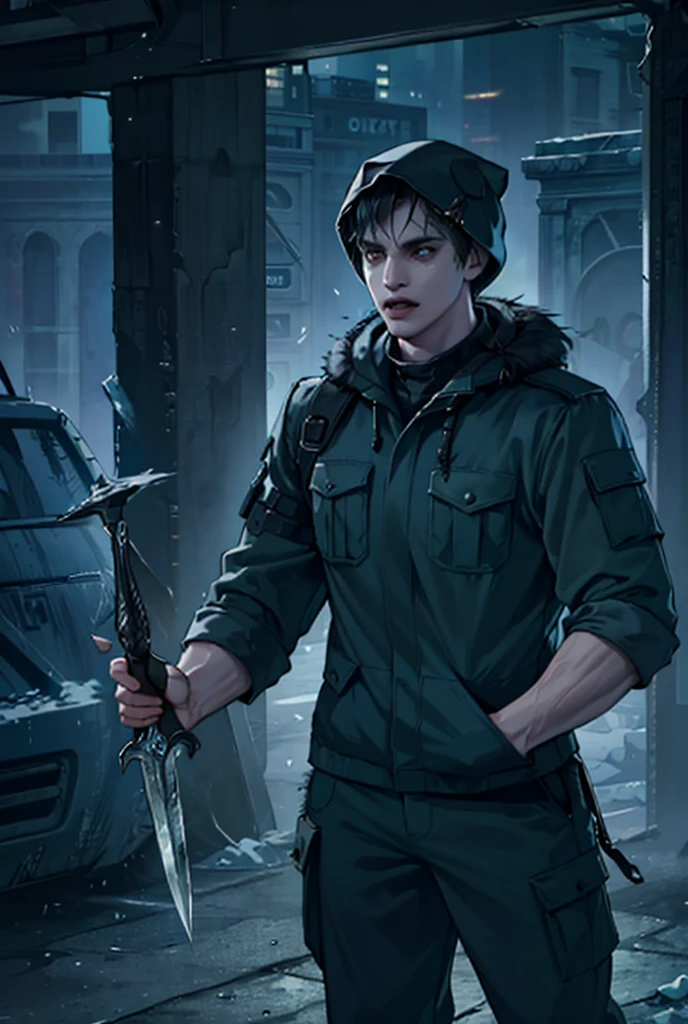  A City Collapsed by Freezing ,  A Man with a Serious Look [(( Short Black Hair with Black Eyes)), Ice Master ] ((( kills zombies))), (( Combat Suit Hood with Black Fur)), (( Clothes with a Military Pocket )), ((Left Hand Turned to Ice )), Picking the ground , (( Holding an Ice Dagger in the Right Hand ))
