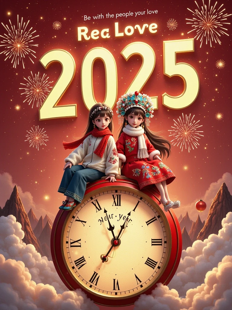 Flat illustrations，New Year Poster，UE5 Rendering，C4D，Hyper-Reality， The top has a luminous font “HELLO 2025” , The subtitle says “Be with the people you love” ， penis in crotch （Brown short hair，White sweater，Red scarf） and a Lovely Girl （ Long Brown Hair ，Red sweater， white scarf ）， Sit together on top of a super huge clock，front，fireworks， Particles Glow ， background blur，Depth of Field， Whimsical New Year's Vibe ，New Year's Eve Atmosphere ， New Year's Eve Festive Vibe ， soft lighting ，3D stereoscopic， Fantastic Atmosphere ，Sense of story，artistry，8k， master works