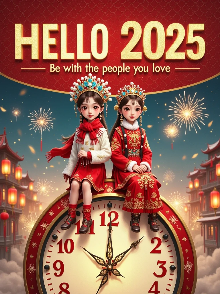 Flat illustrations，New Year Poster，UE5 Rendering，C4D，Hyper-Reality， The top has a luminous font “HELLO 2025” , The subtitle says “Be with the people you love” ， penis in crotch （Brown short hair，White sweater，Red scarf） and a Lovely Girl （ Long Brown Hair ，Red sweater， white scarf ）， Sit together on top of a super huge clock，front，fireworks， Particles Glow ， background blur，Depth of Field， Whimsical New Year's Vibe ，New Year's Eve Atmosphere ， New Year's Eve Festive Vibe ， soft lighting ，3D stereoscopic， Fantastic Atmosphere ，Sense of story，artistry，8k， master works