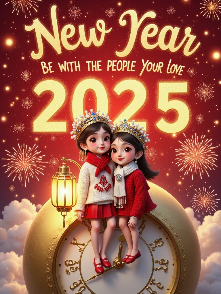 Flat illustrations，New Year Poster，UE5 Rendering，C4D，Hyper-Reality， The top has a luminous font “HELLO 2025” , The subtitle says “Be with the people you love” ， penis in crotch （Brown short hair，White sweater，Red scarf） and a Lovely Girl （ Long Brown Hair ，Red sweater， white scarf ）， Sit together on top of a super huge clock，front，fireworks， Particles Glow ， background blur，Depth of Field， Whimsical New Year's Vibe ，New Year's Eve Atmosphere ， New Year's Eve Festive Vibe ， soft lighting ，3D stereoscopic， Fantastic Atmosphere ，Sense of story，artistry，8k， master works