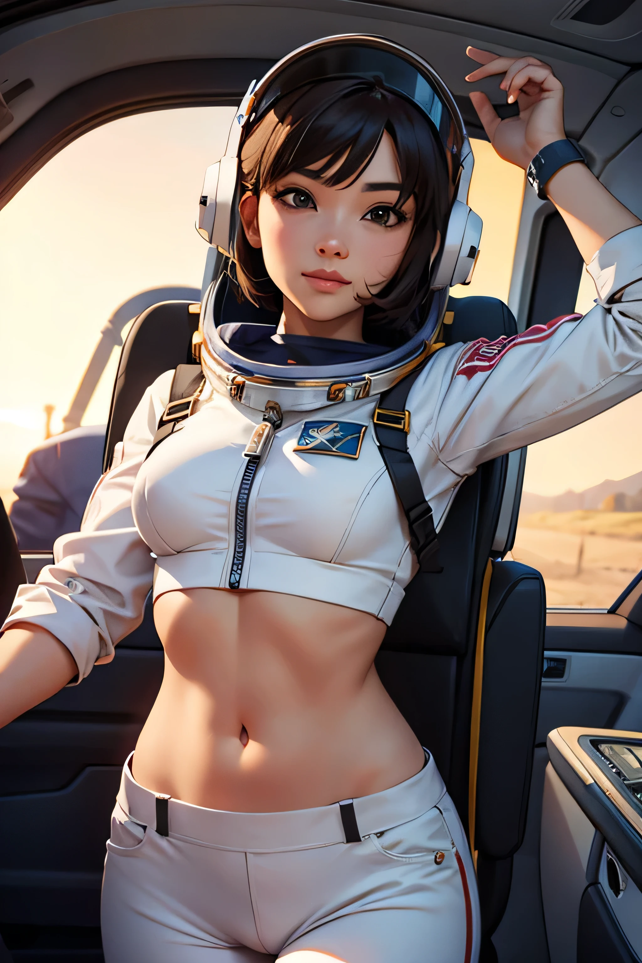Astronaut girl in space ripped sexy clothes cameltoe sweaty body planets in the background