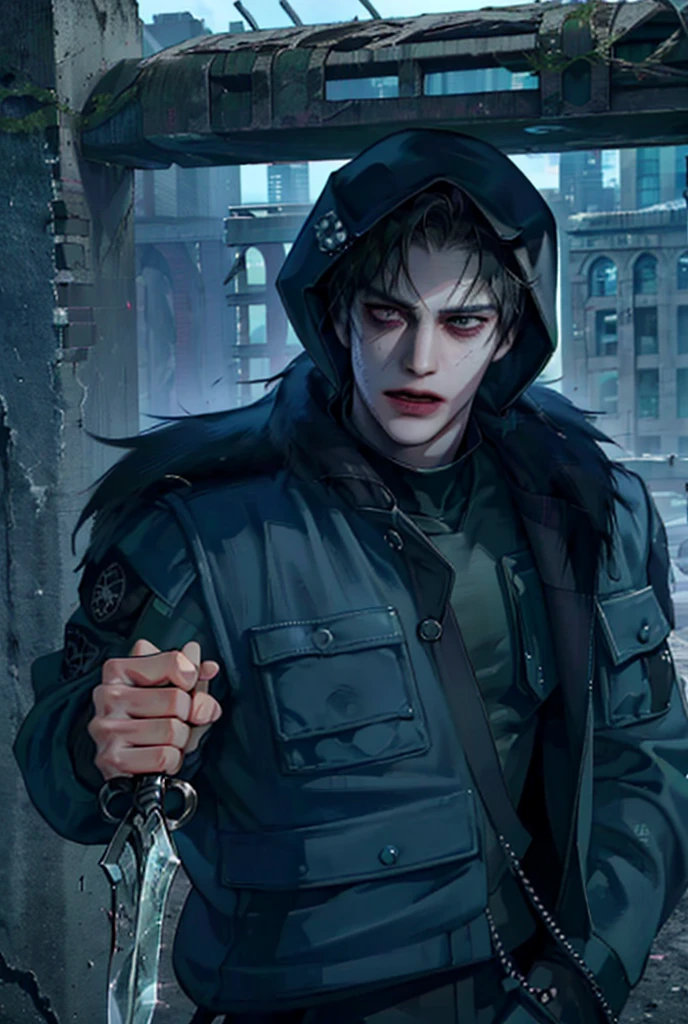  A City Collapsed by Freezing ,  A Man with a Serious Look [(( Short Black Hair with Black Eyes)), (Ice Master )] ((( kills zombies))), (( Combat Suit Hood with Black Fur)), (( Clothes with a Military Pocket )),  poke the ground by lowering your posture, (( Holding an Ice Dagger in the Right Hand )), ((Lively handsome face )), 
